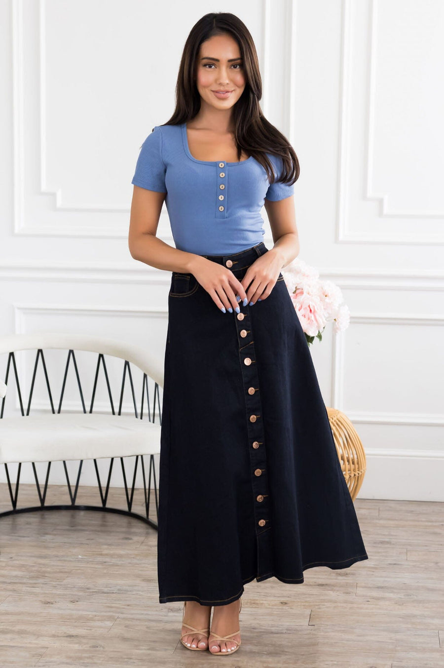 The Cantina Denim Button Skirt Modest Dresses vendor-unknown 