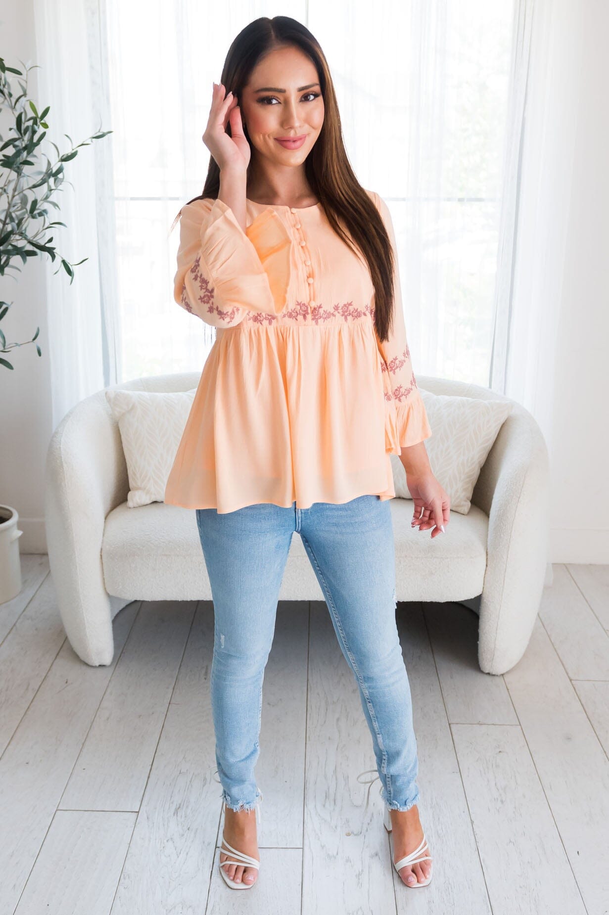 Bright Coral Flounce Embroidered Blouse