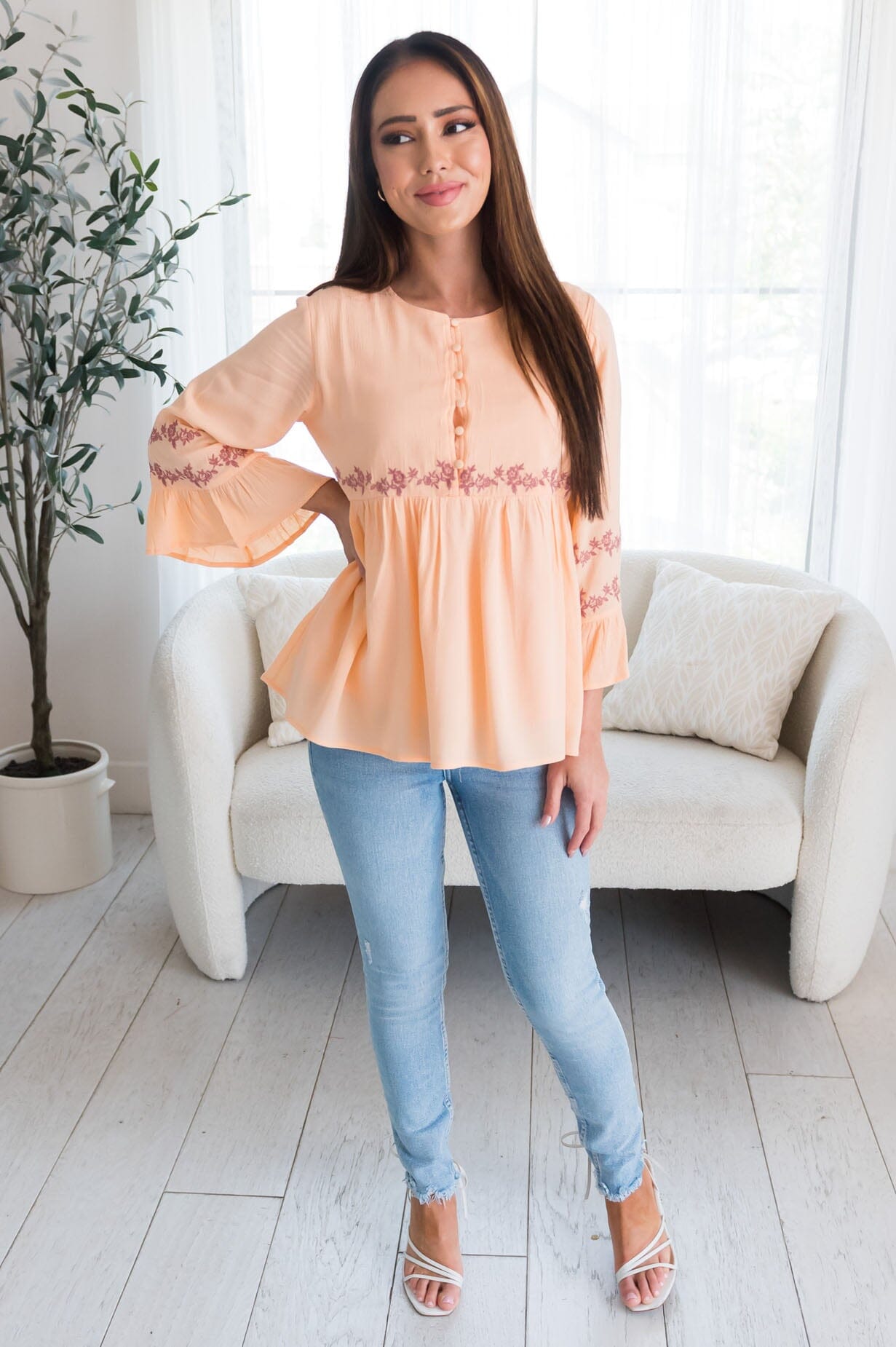 Bright Coral Flounce Embroidered Blouse Tops vendor-unknown 