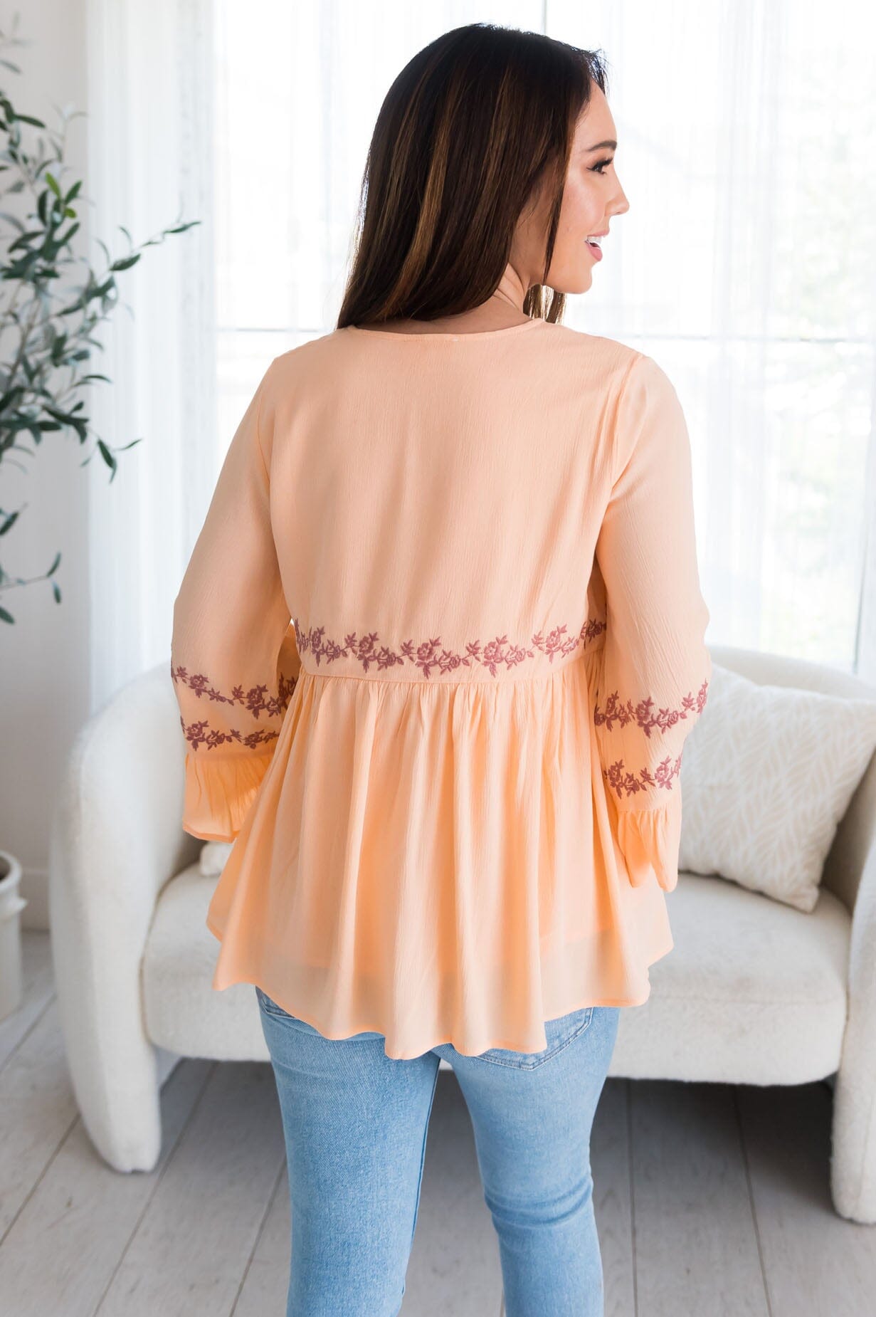 Bright Coral Flounce Embroidered Blouse Tops vendor-unknown 