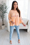 Bright Coral Flounce Embroidered Blouse Tops vendor-unknown