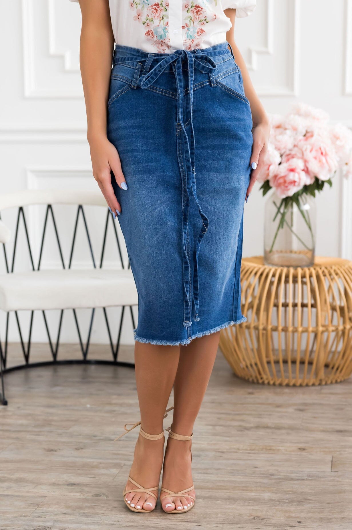 Favorite Tie Waist Denim Skirt Modest Dresses vendor-unknown 