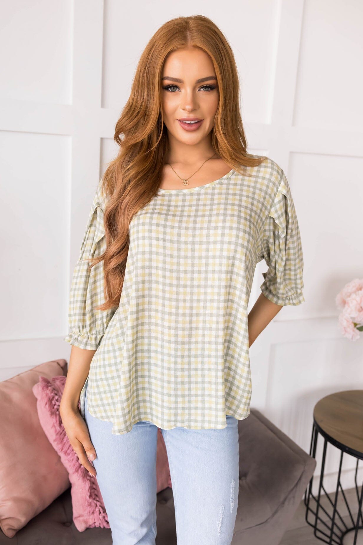 Until We Meet Again Gingham Blouse Tops vendor-unknown 