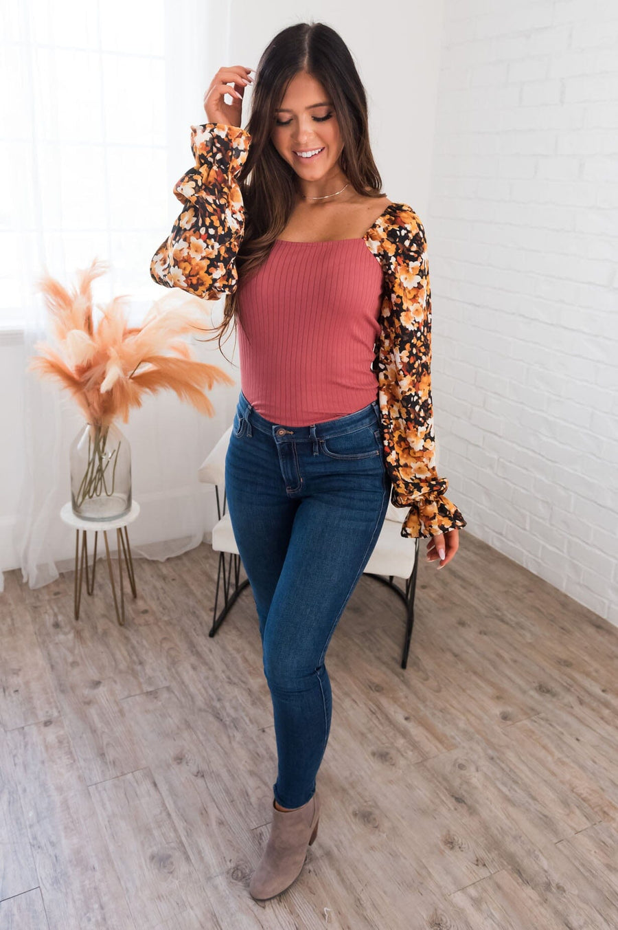 First Comes Love Modest Floral Sleeve Top Tops vendor-unknown 