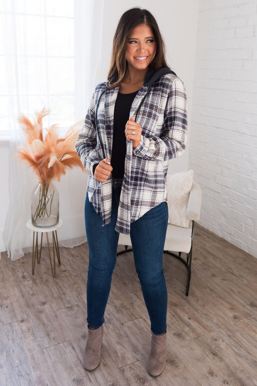 Always Go For Plaid Modest Button Front Hoodie