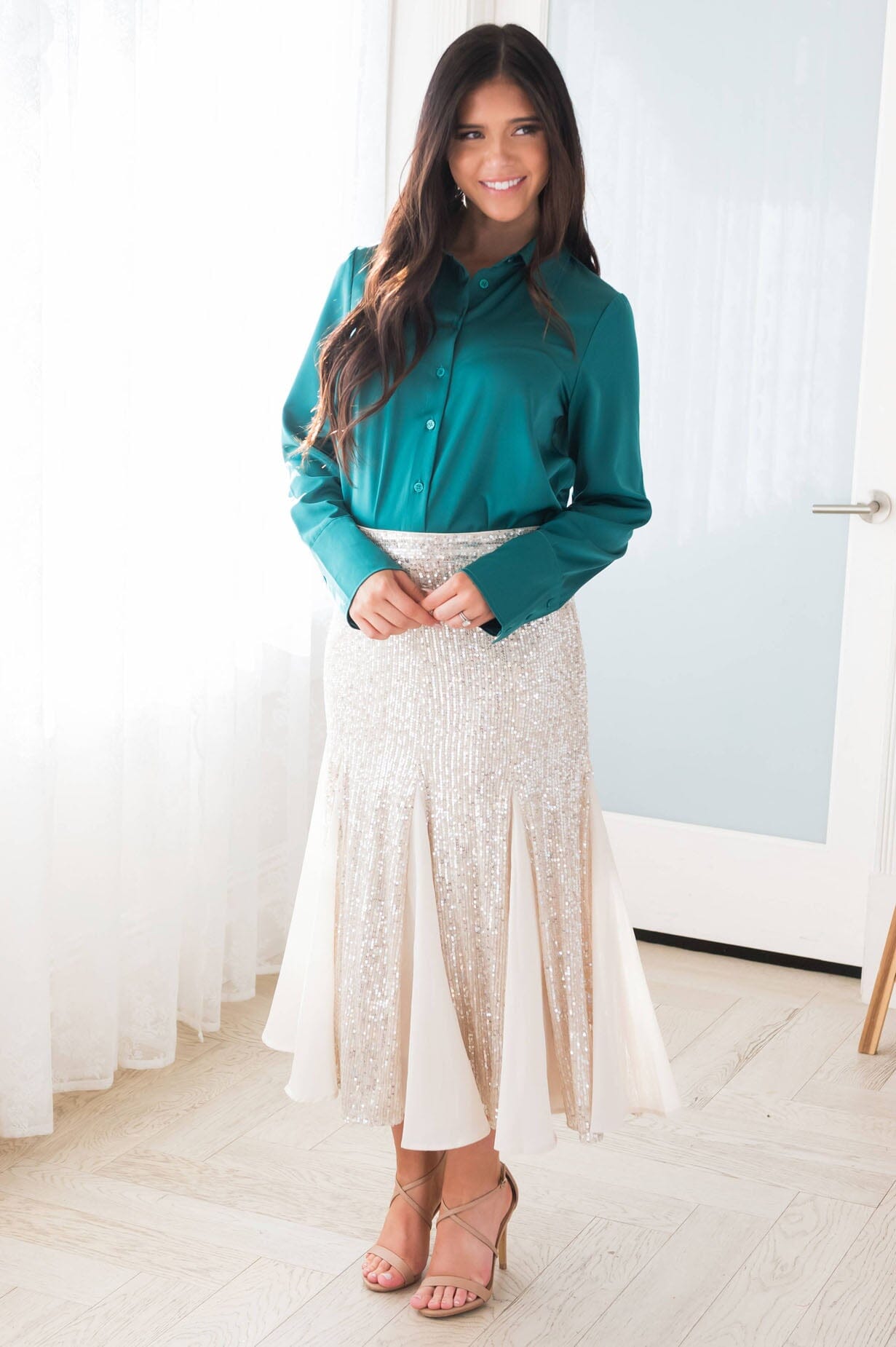 Twirling Shimmer Sequin Godet Skirt Skirts vendor-unknown 