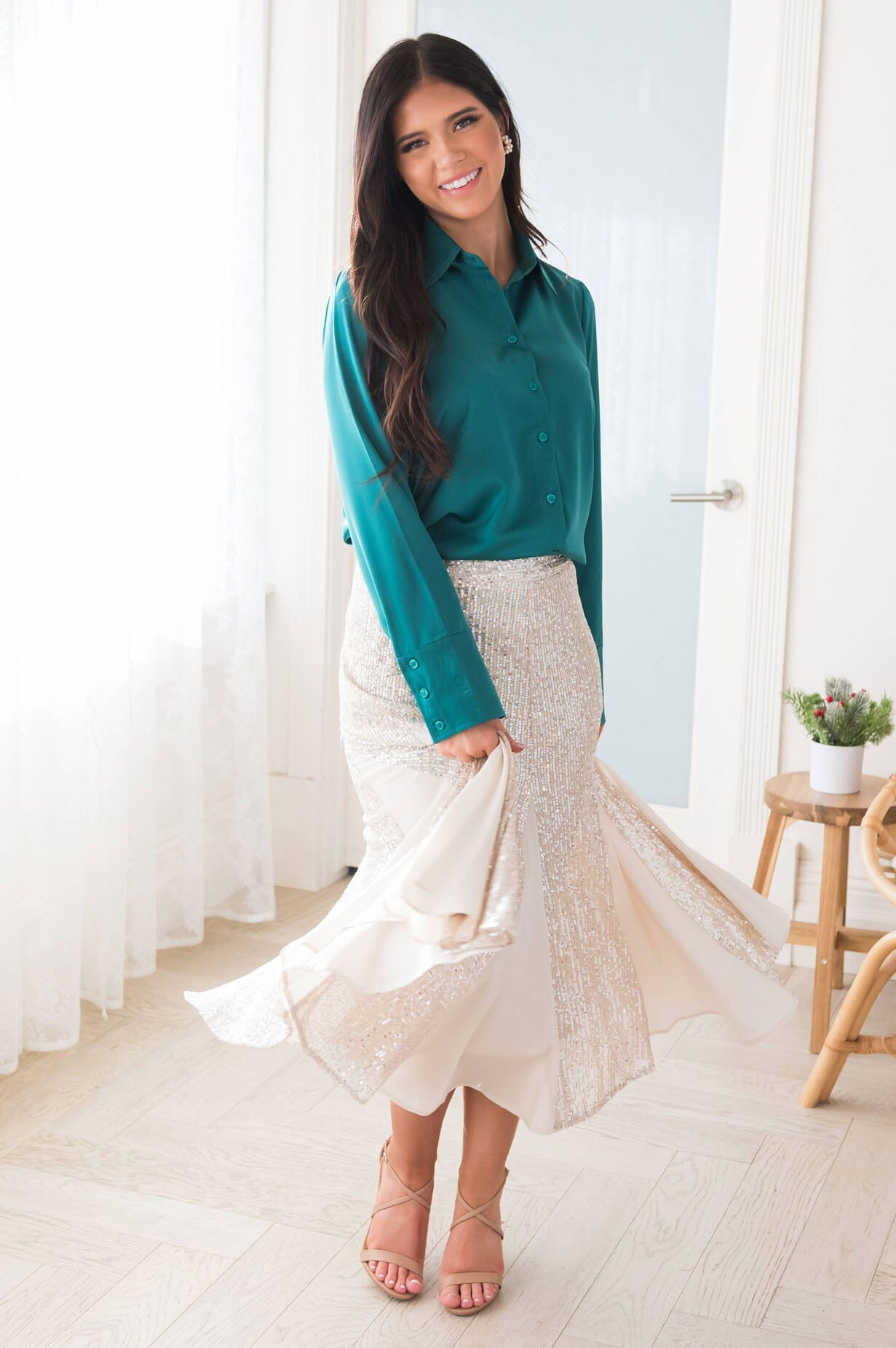 Twirling Shimmer Sequin Godet Skirt Skirts vendor-unknown 