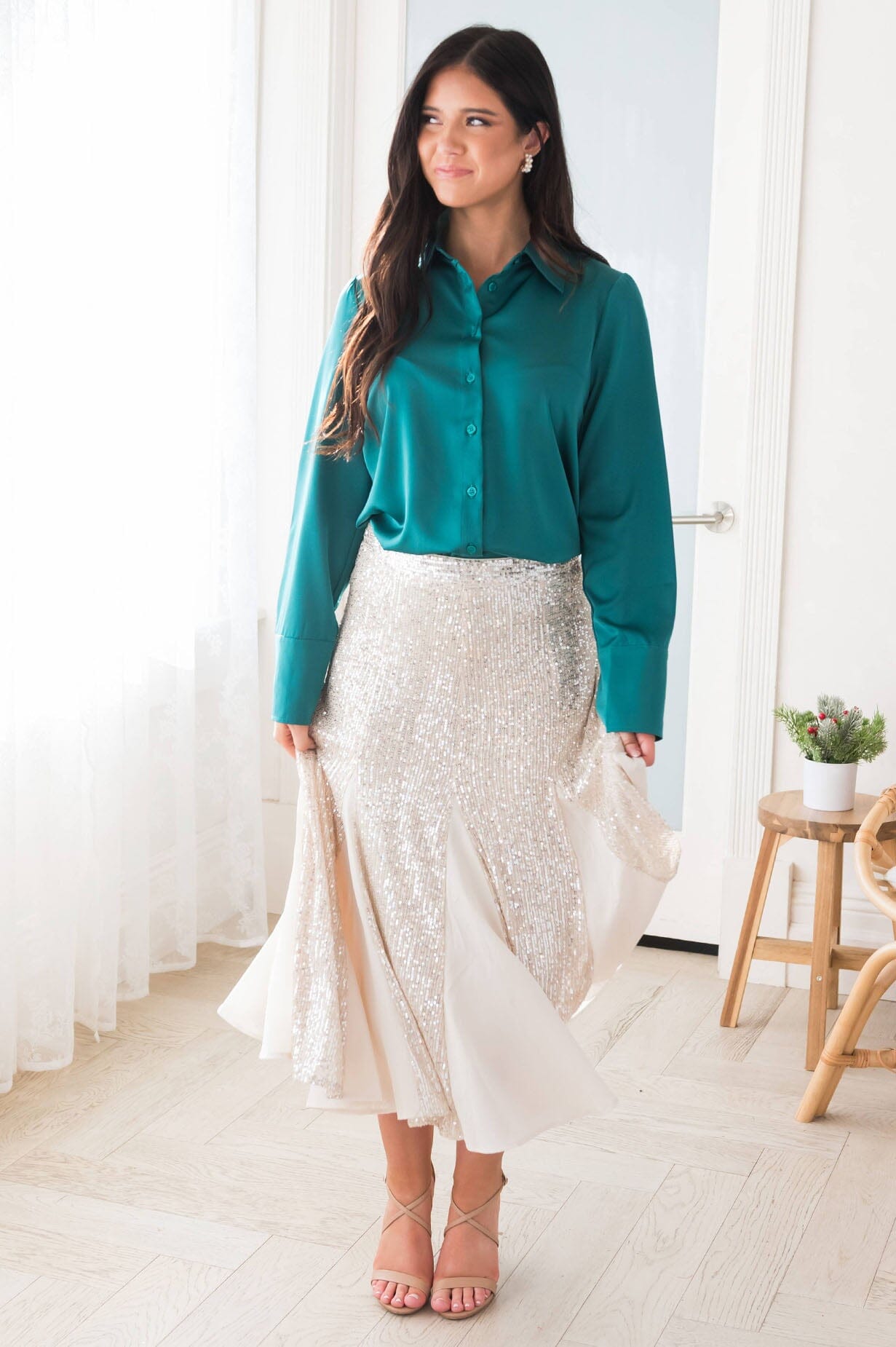 Twirling Shimmer Sequin Godet Skirt Skirts vendor-unknown 