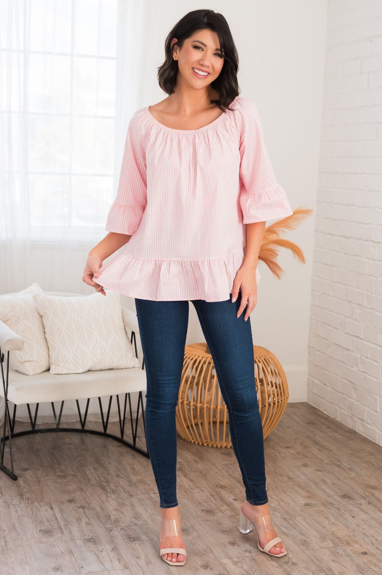 Perfection In Ruffles Modest Gingham Blouse NeeSee's Dresses 