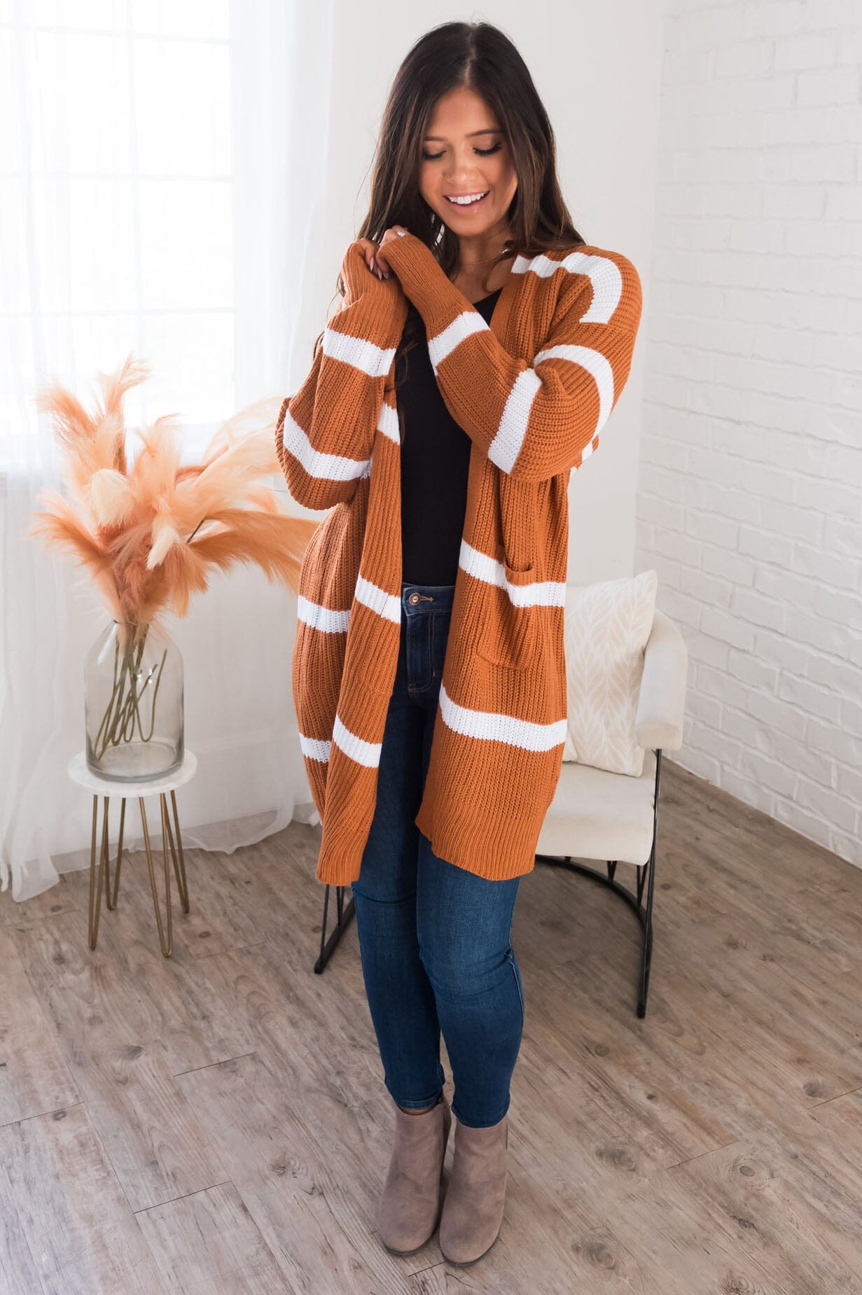 Ever So Stylish Modest Striped Cardigan Tops vendor-unknown 