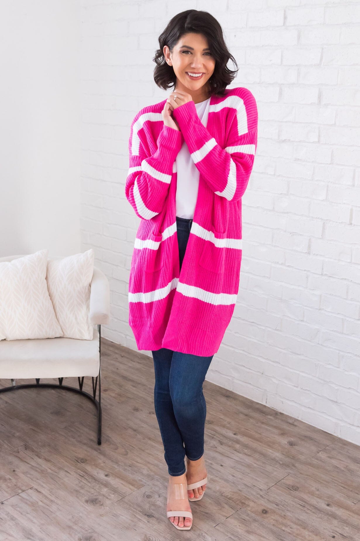 Ever So Stylish Modest Striped Cardigan Tops vendor-unknown 