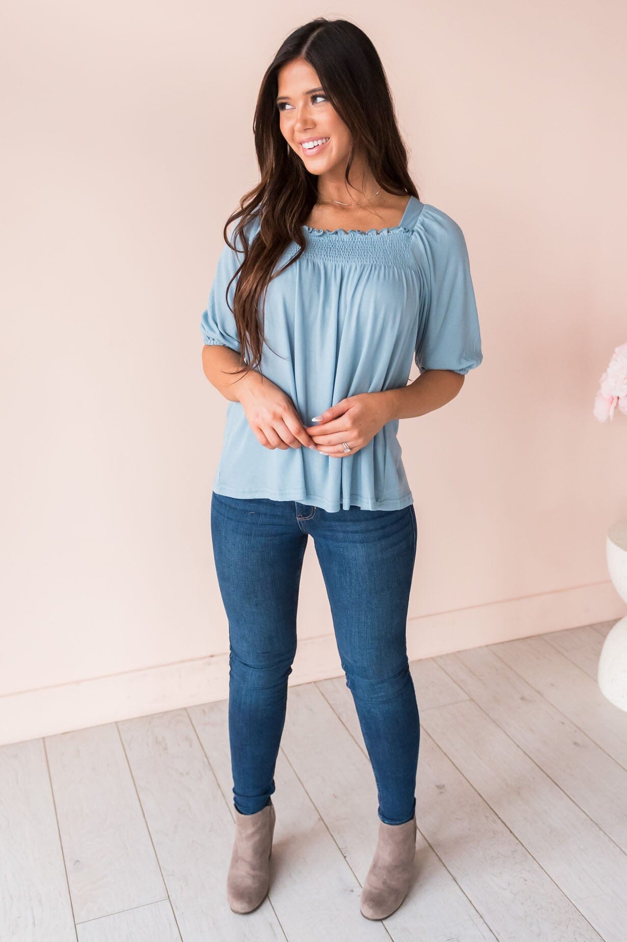 Humble Beginnings Modest Smocked Top Tops vendor-unknown 