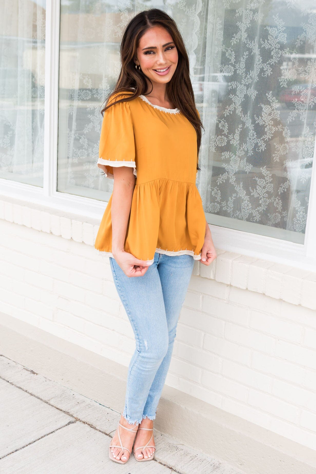 Predicting Joy Ahead Modest Peplum Blouse Tops vendor-unknown 