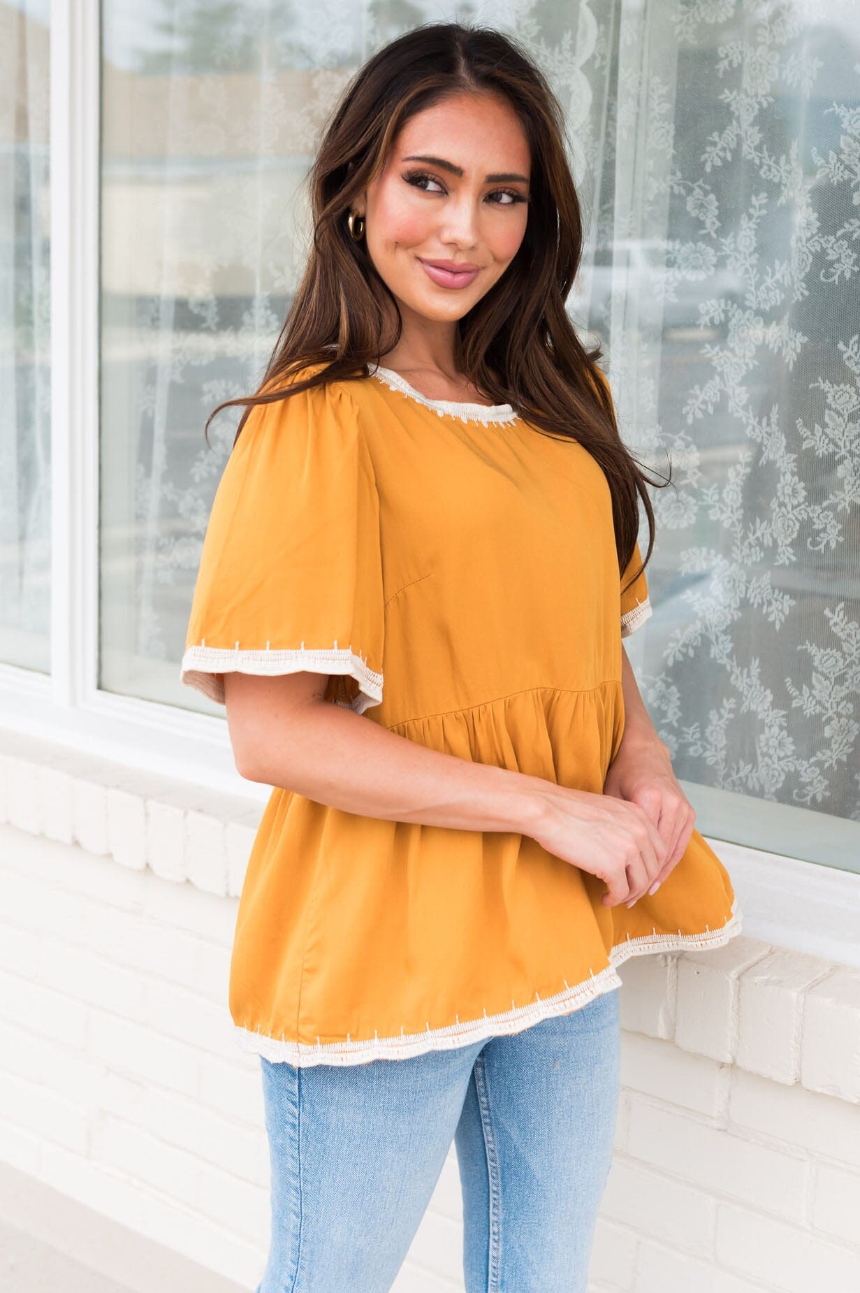 Predicting Joy Ahead Modest Peplum Blouse Tops vendor-unknown 