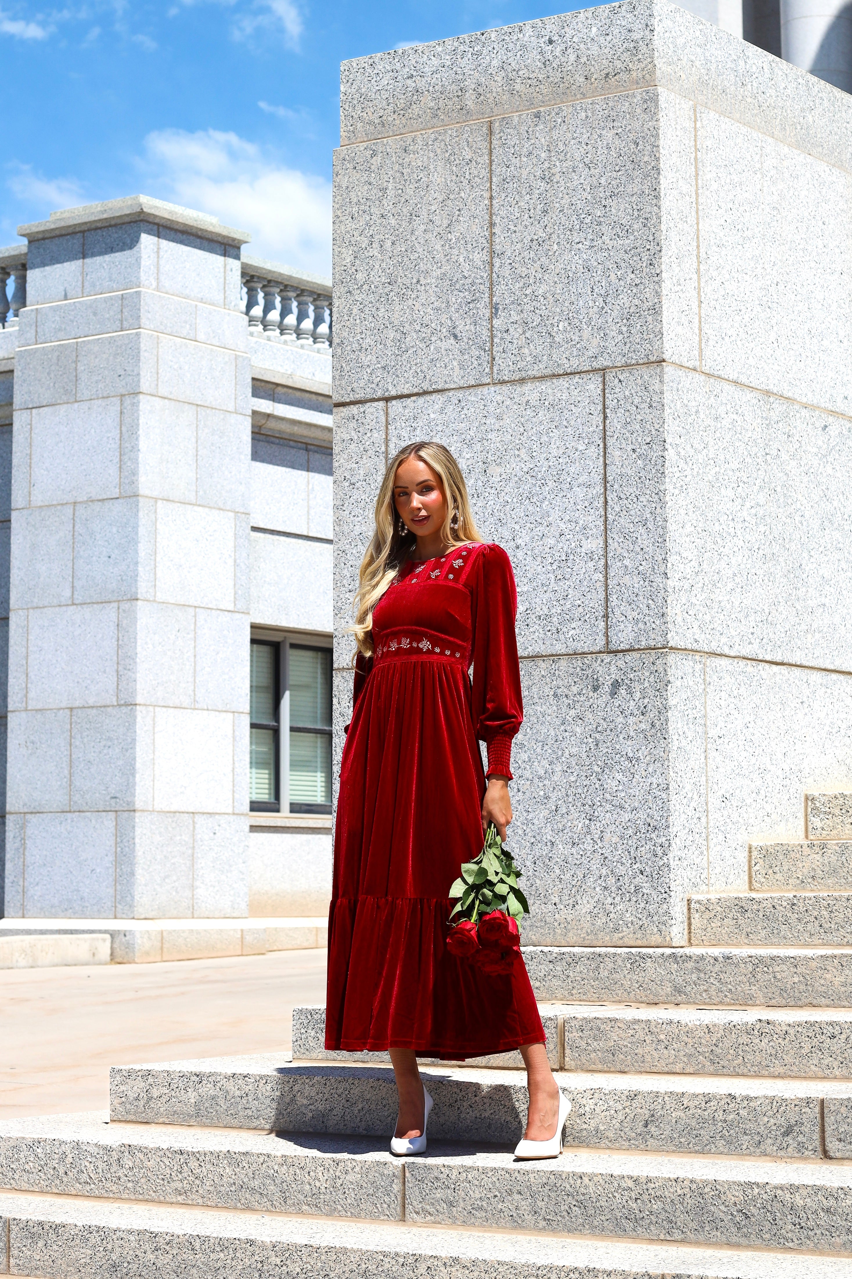 modest red velvet dress HAPPY CLOTHING OFF-SHOULDER VELVET PETAL NECKLINE A LINE MAXI DRESS IN RED