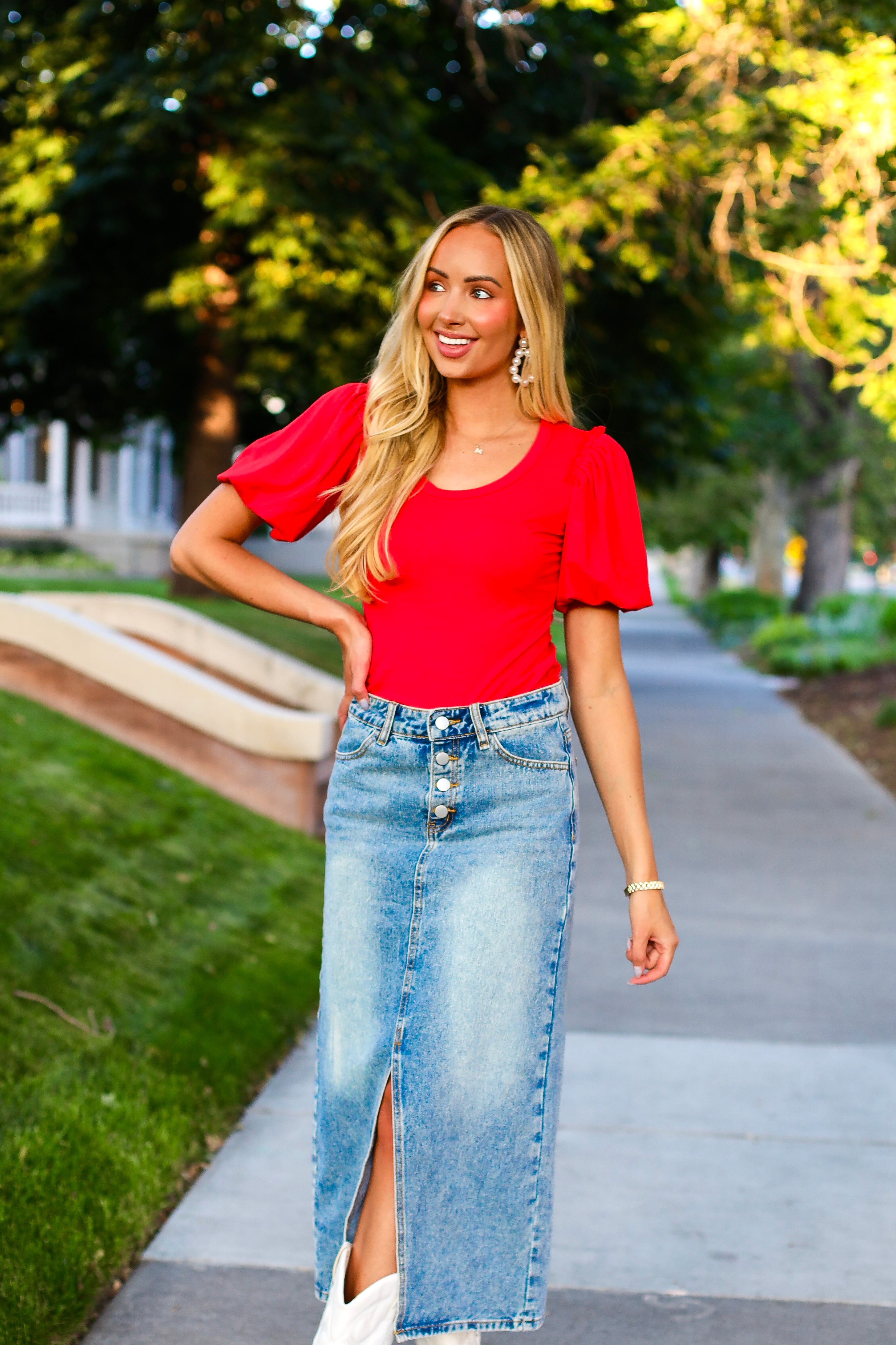 Bright Skies Modest Denim Skirt