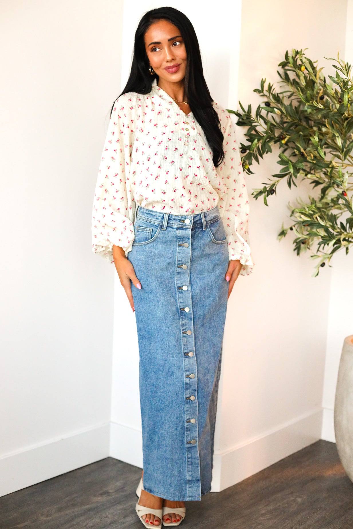 Denim Button Maxi Skirt