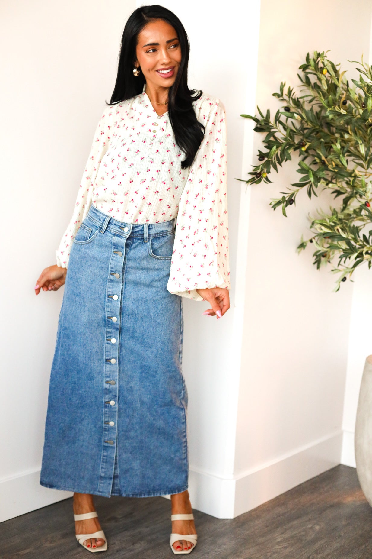 Denim Button Maxi Skirt