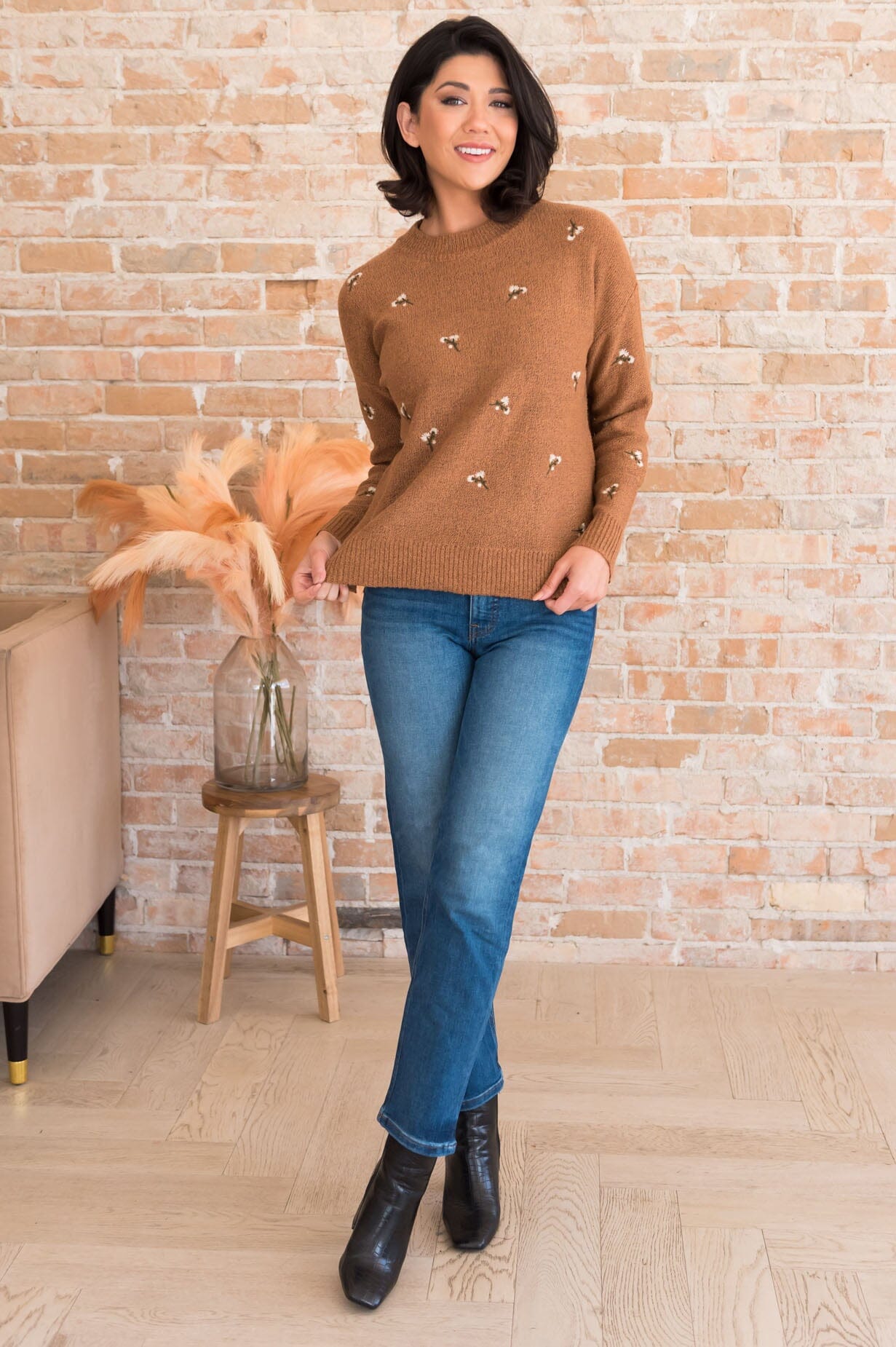 Deserving Praise Embroidery Detail Sweater Tops vendor-unknown 