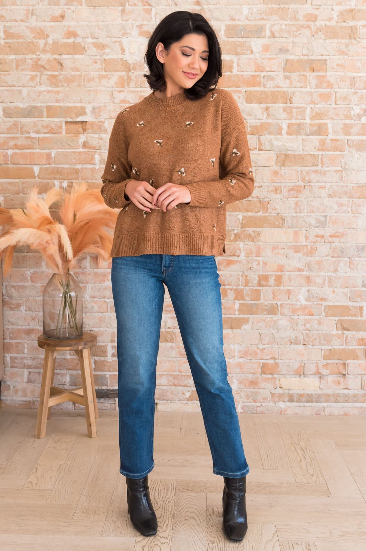 Deserving Praise Embroidery Detail Sweater Tops vendor-unknown 