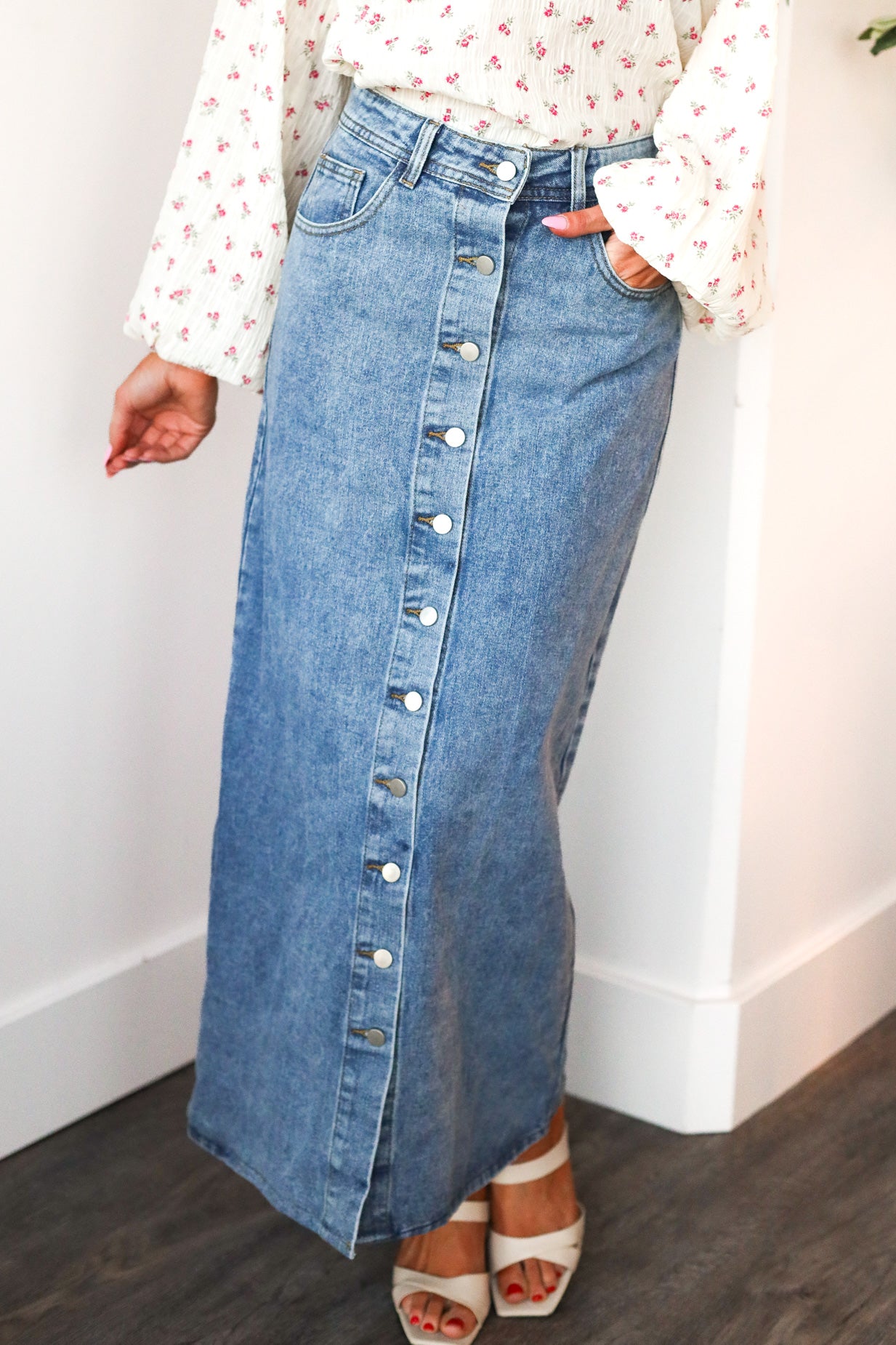 Denim Button Maxi Skirt