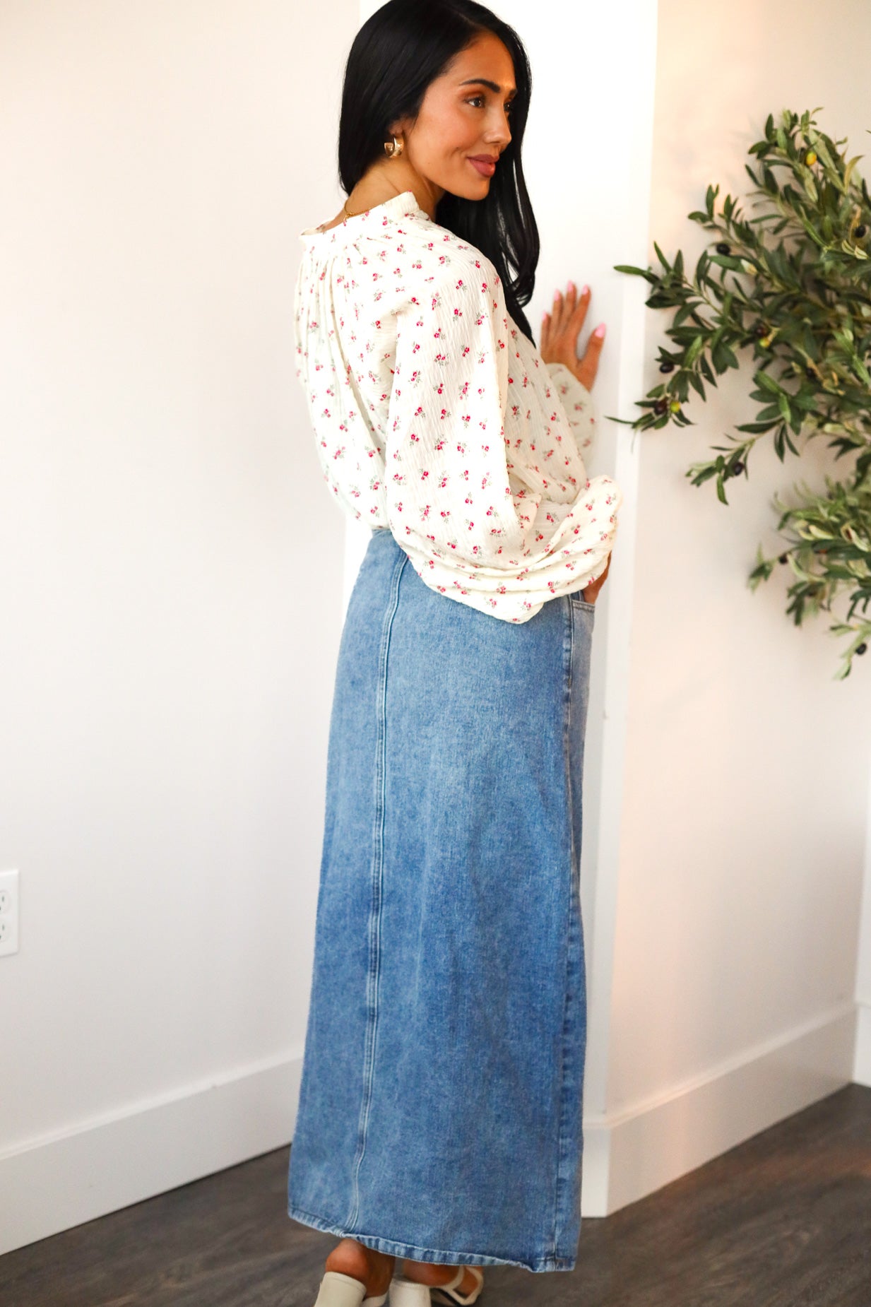 Denim Button Maxi Skirt