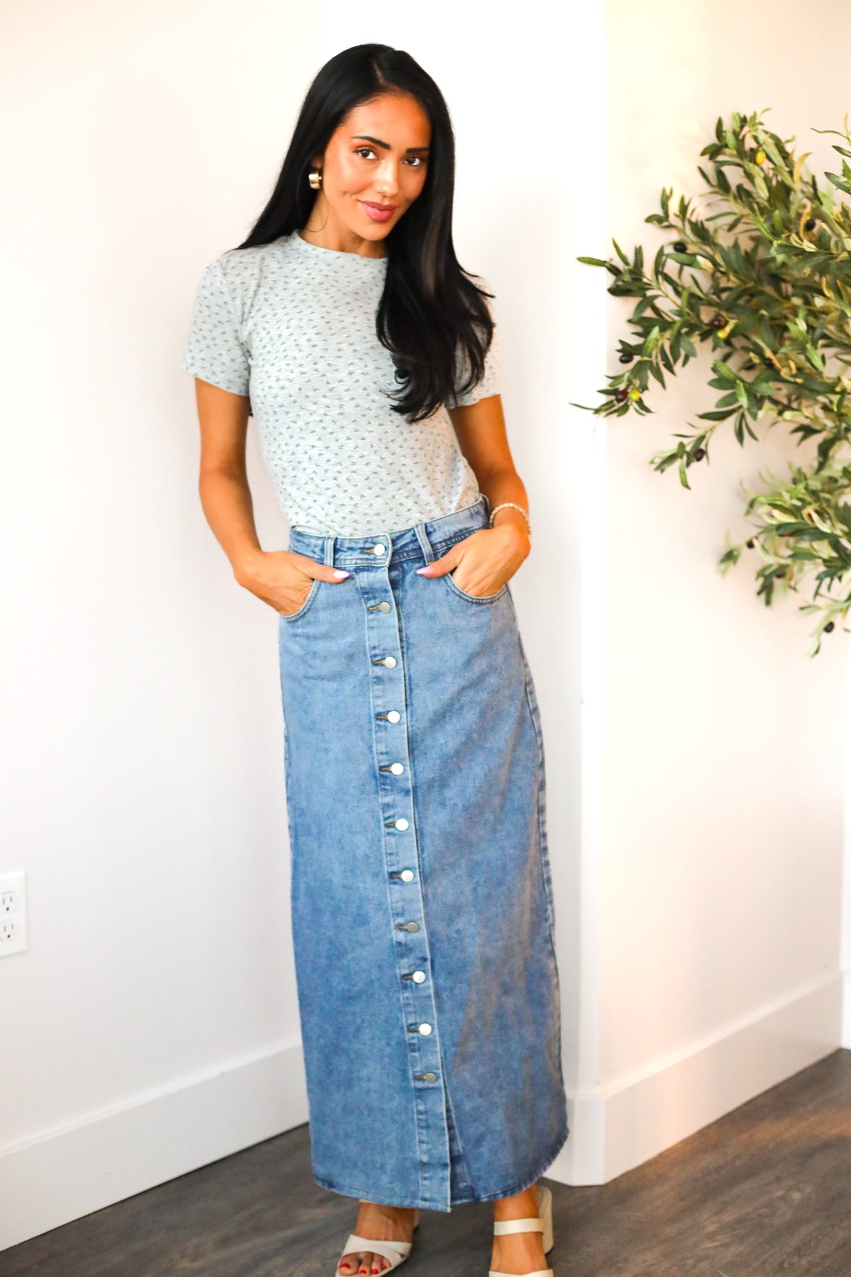 Denim Button Maxi Skirt