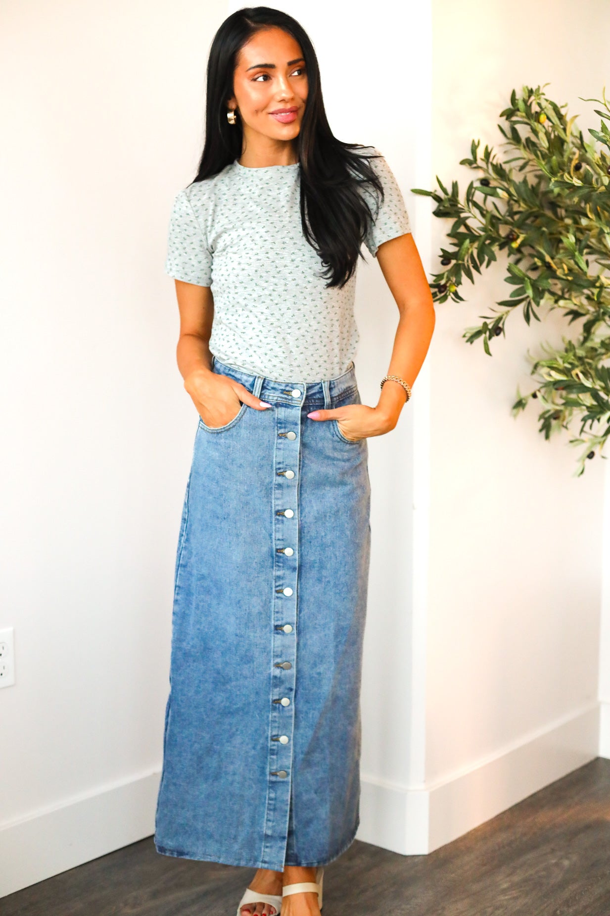Denim Button Maxi Skirt