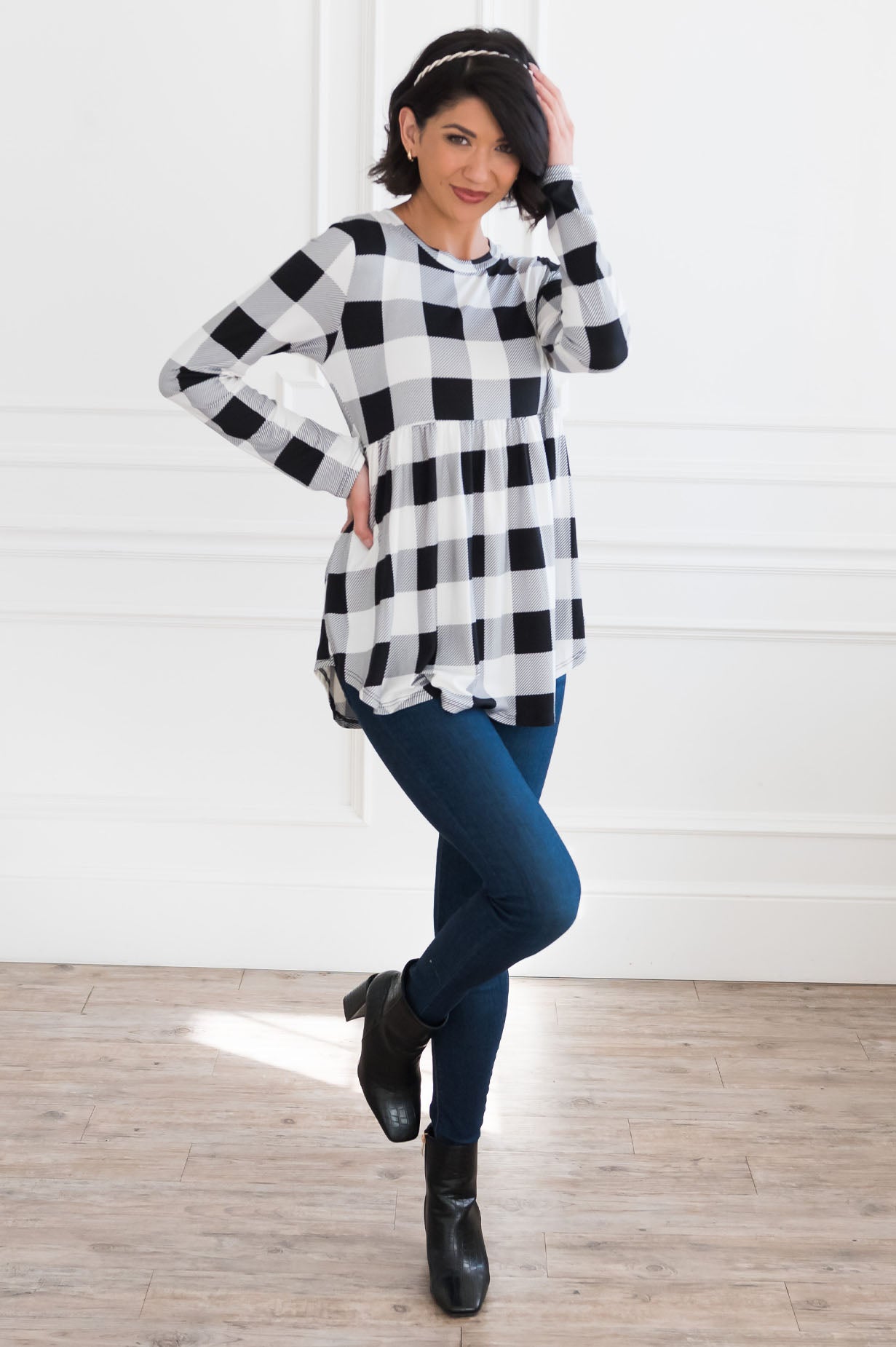 Breezy Plaid Modest Babydoll Top Tops vendor-unknown 