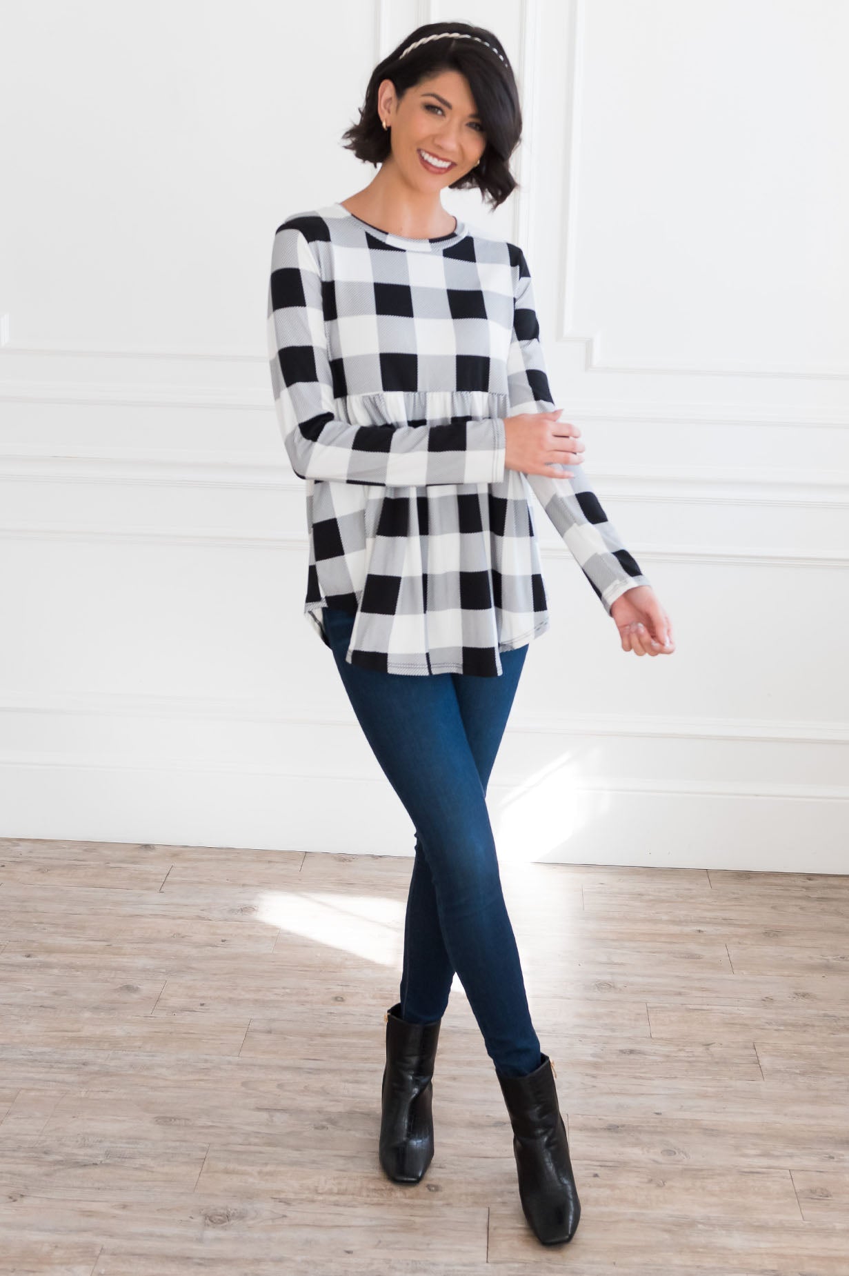 Breezy Plaid Modest Babydoll Top Tops vendor-unknown 