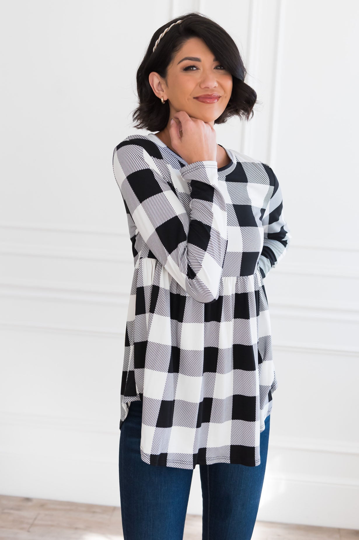 Breezy Plaid Modest Babydoll Top Tops vendor-unknown 