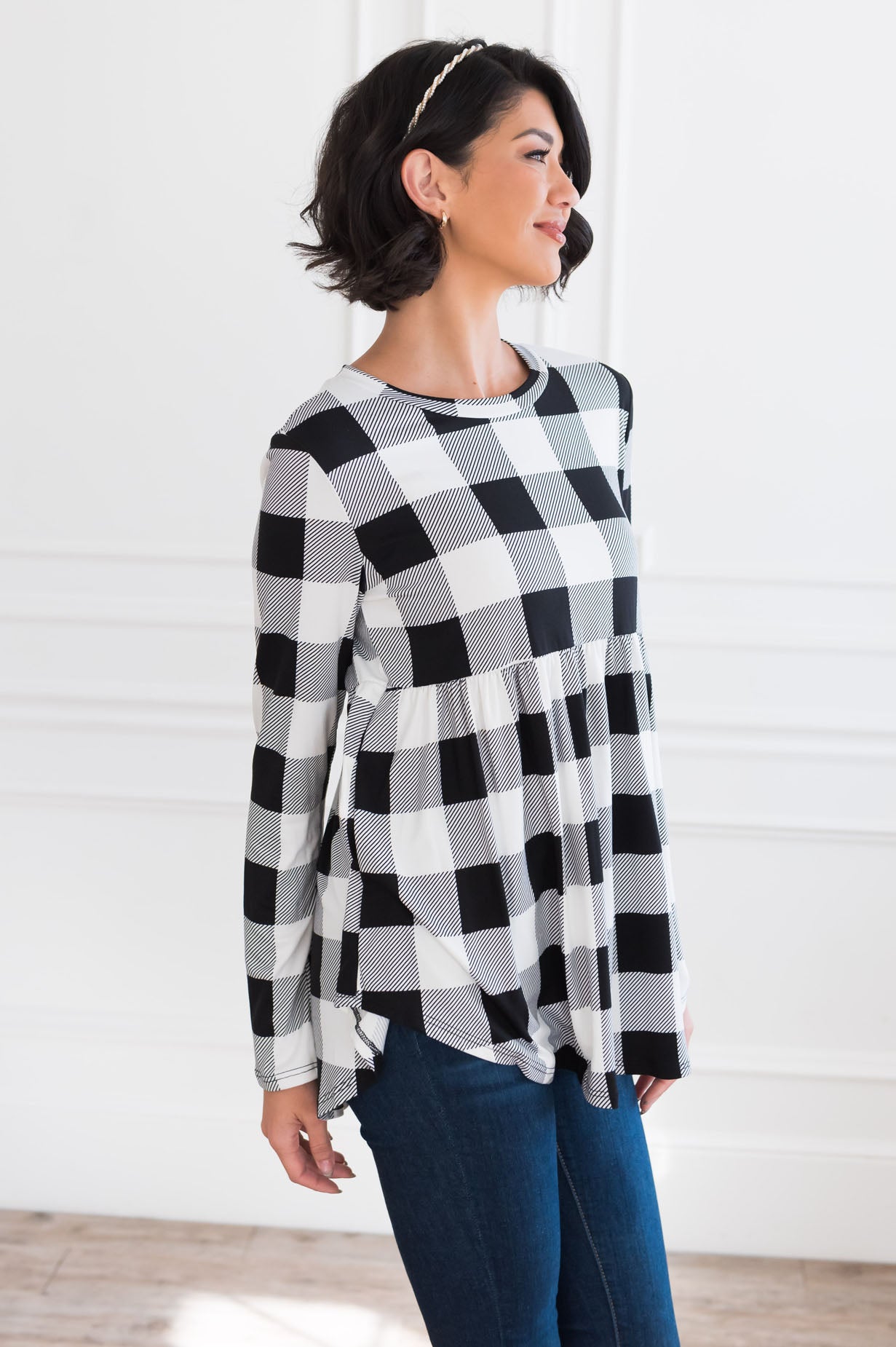 Breezy Plaid Modest Babydoll Top Tops vendor-unknown 