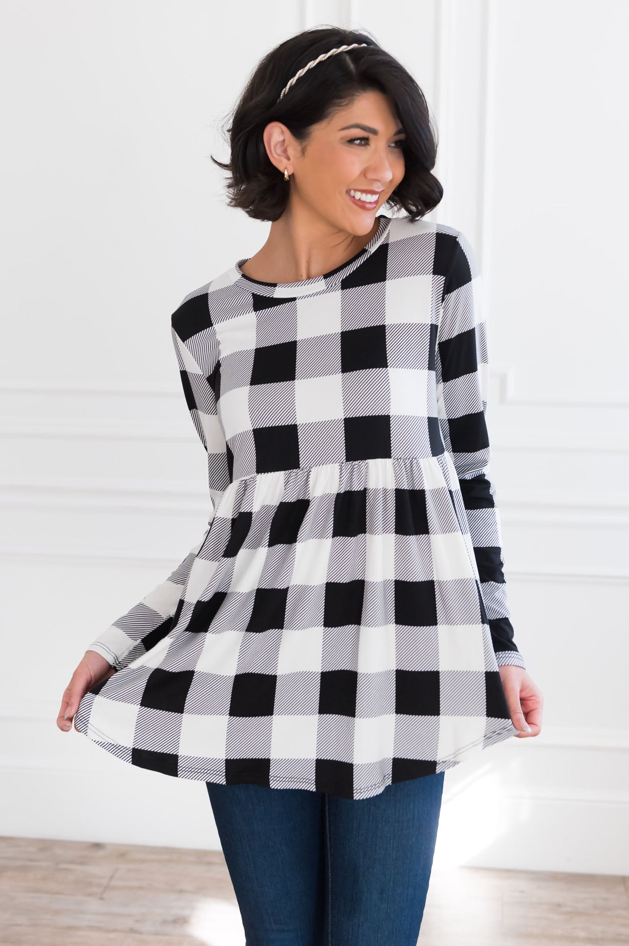 Breezy Plaid Modest Babydoll Top Tops vendor-unknown 