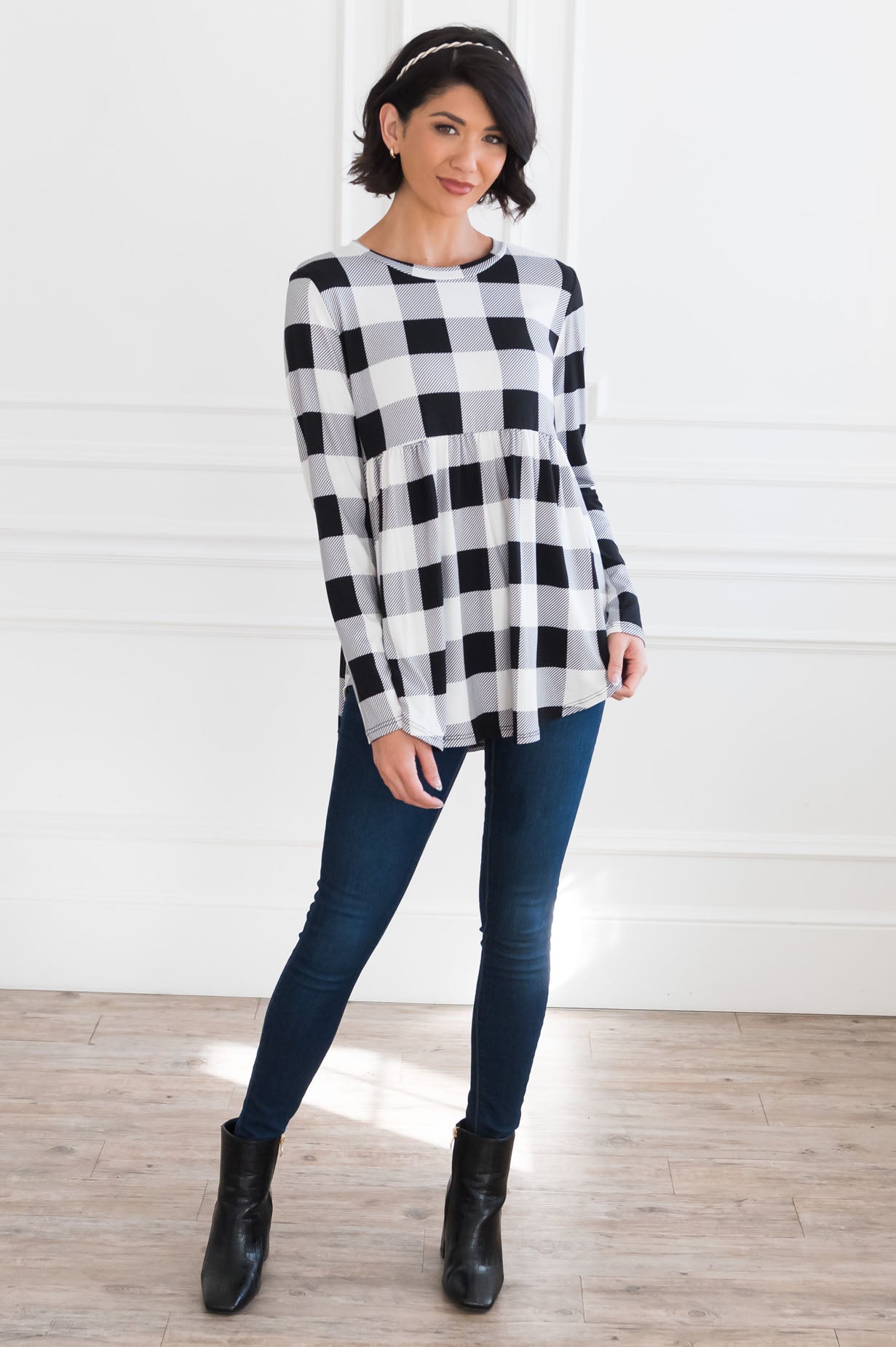 Breezy Plaid Modest Babydoll Top Tops vendor-unknown 