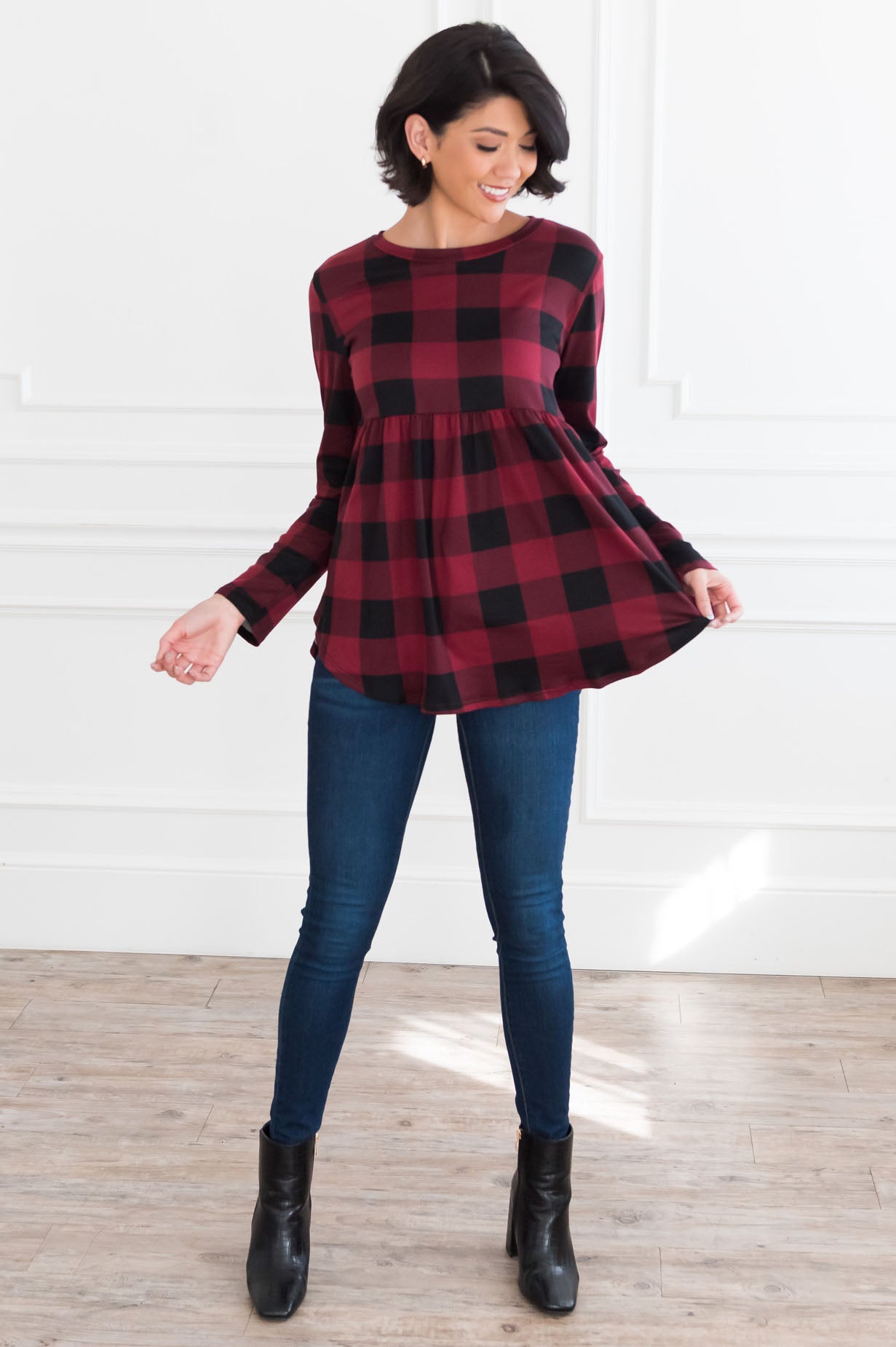 Breezy Plaid Modest Babydoll Top Tops vendor-unknown 