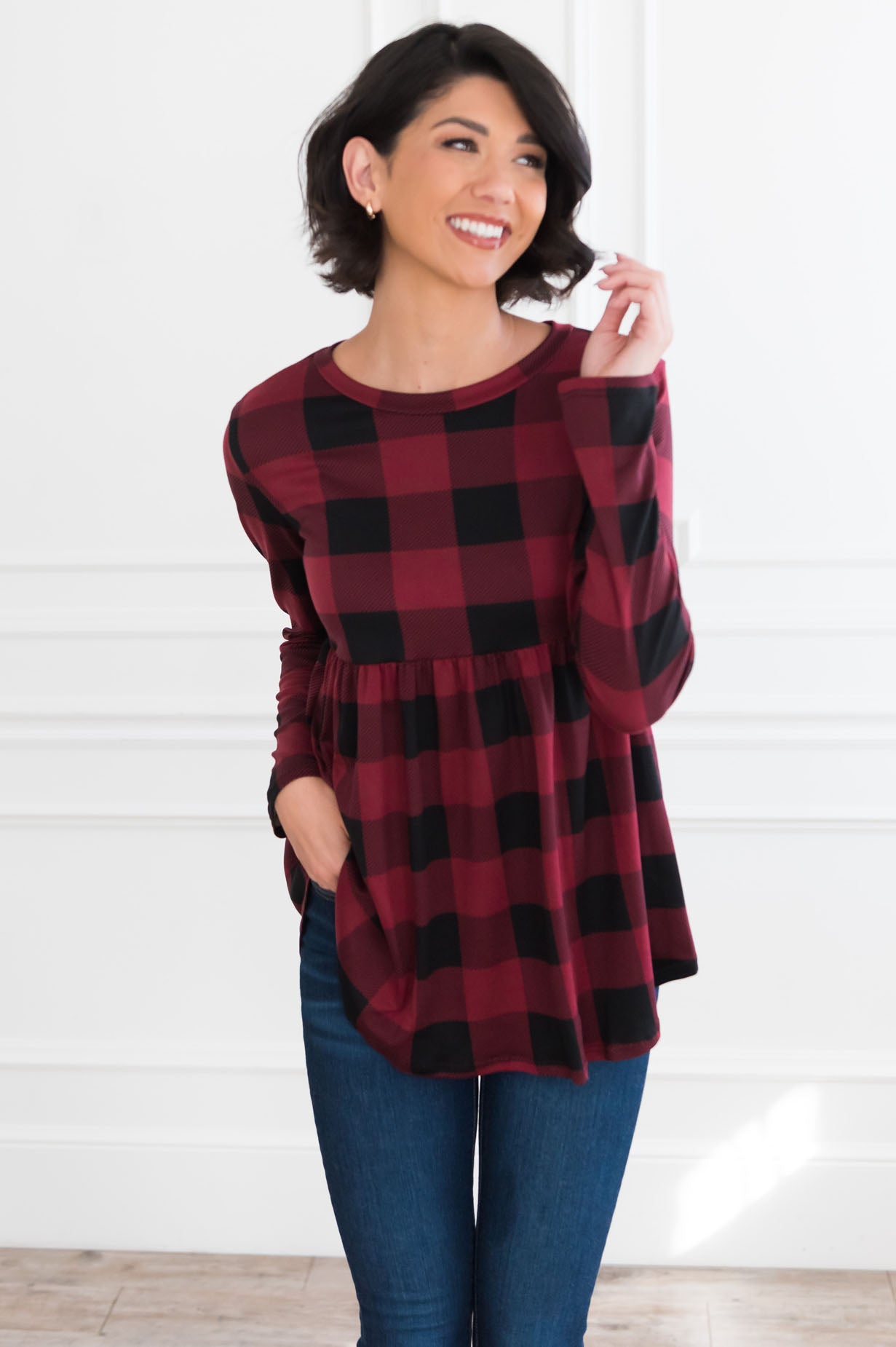 Breezy Plaid Modest Babydoll Top Tops vendor-unknown 