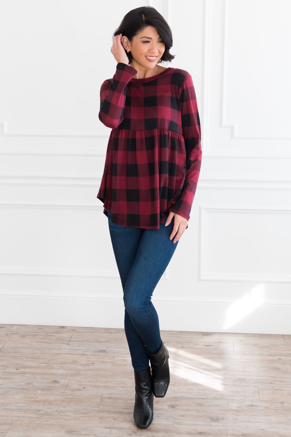 Breezy Plaid Modest Babydoll Top Tops vendor-unknown 