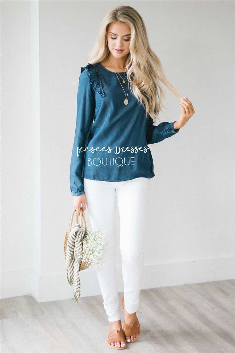 Ruffle Shoulder Long Sleeve Chambray Top Tops vendor-unknown 