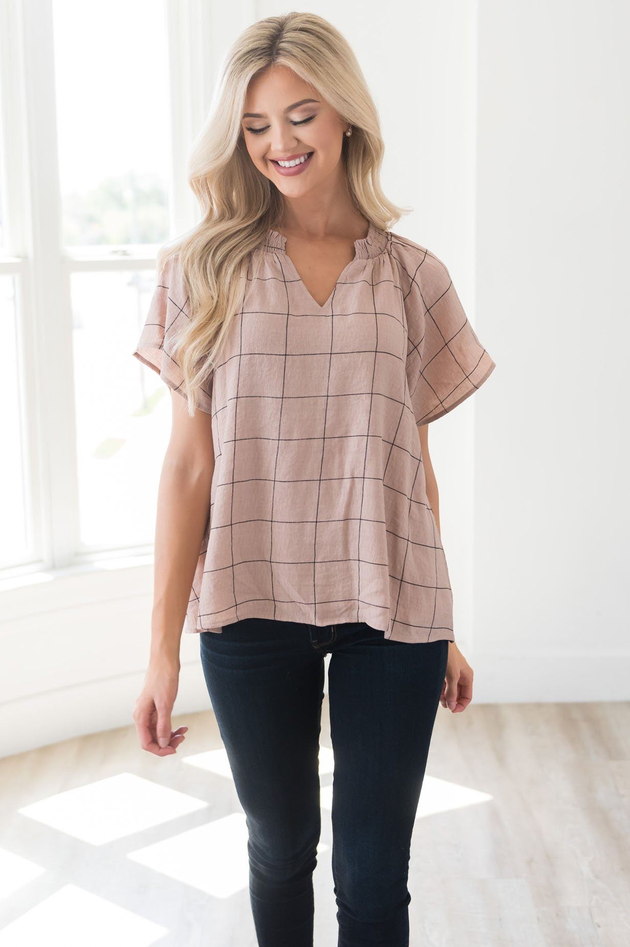 Nine to Five Modest Windowpane Blouse Tops vendor-unknown 