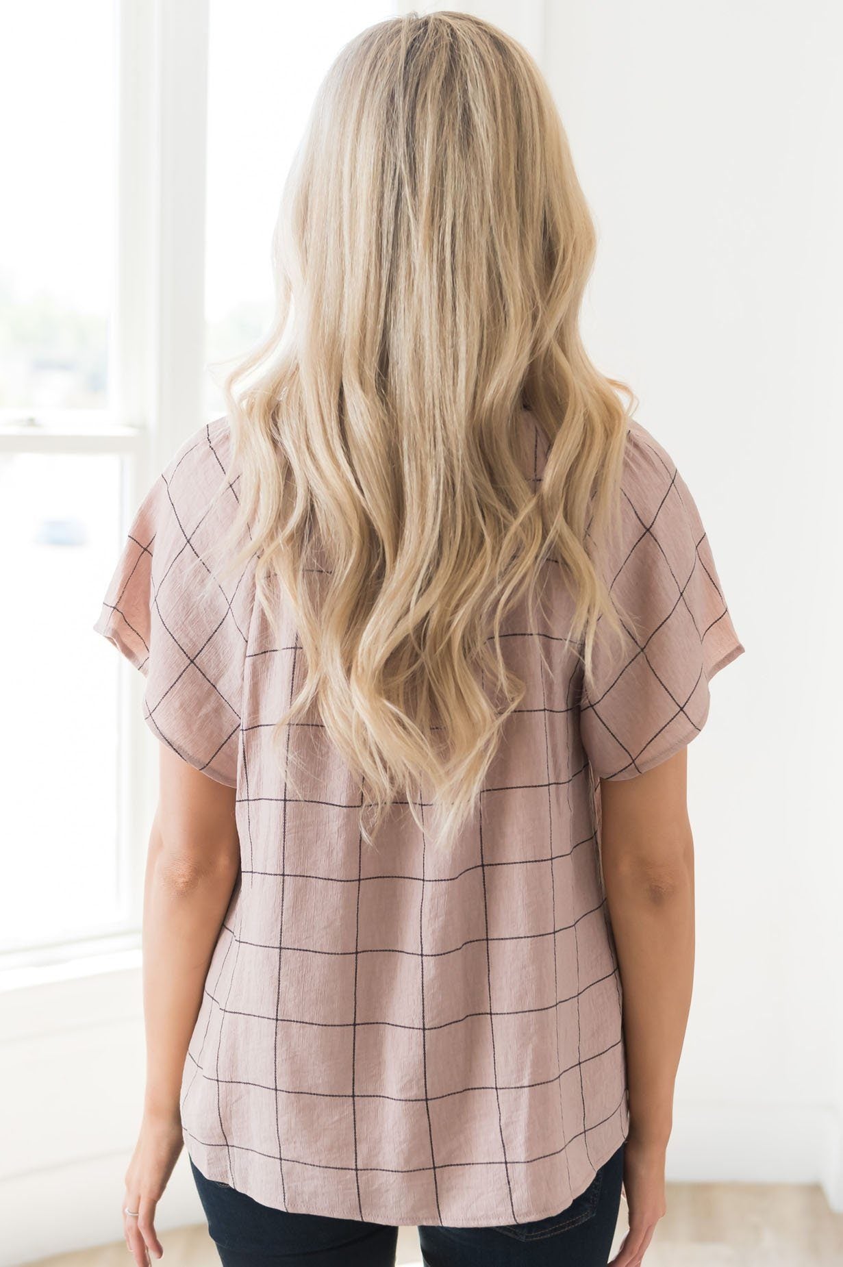 Nine to Five Modest Windowpane Blouse Tops vendor-unknown 