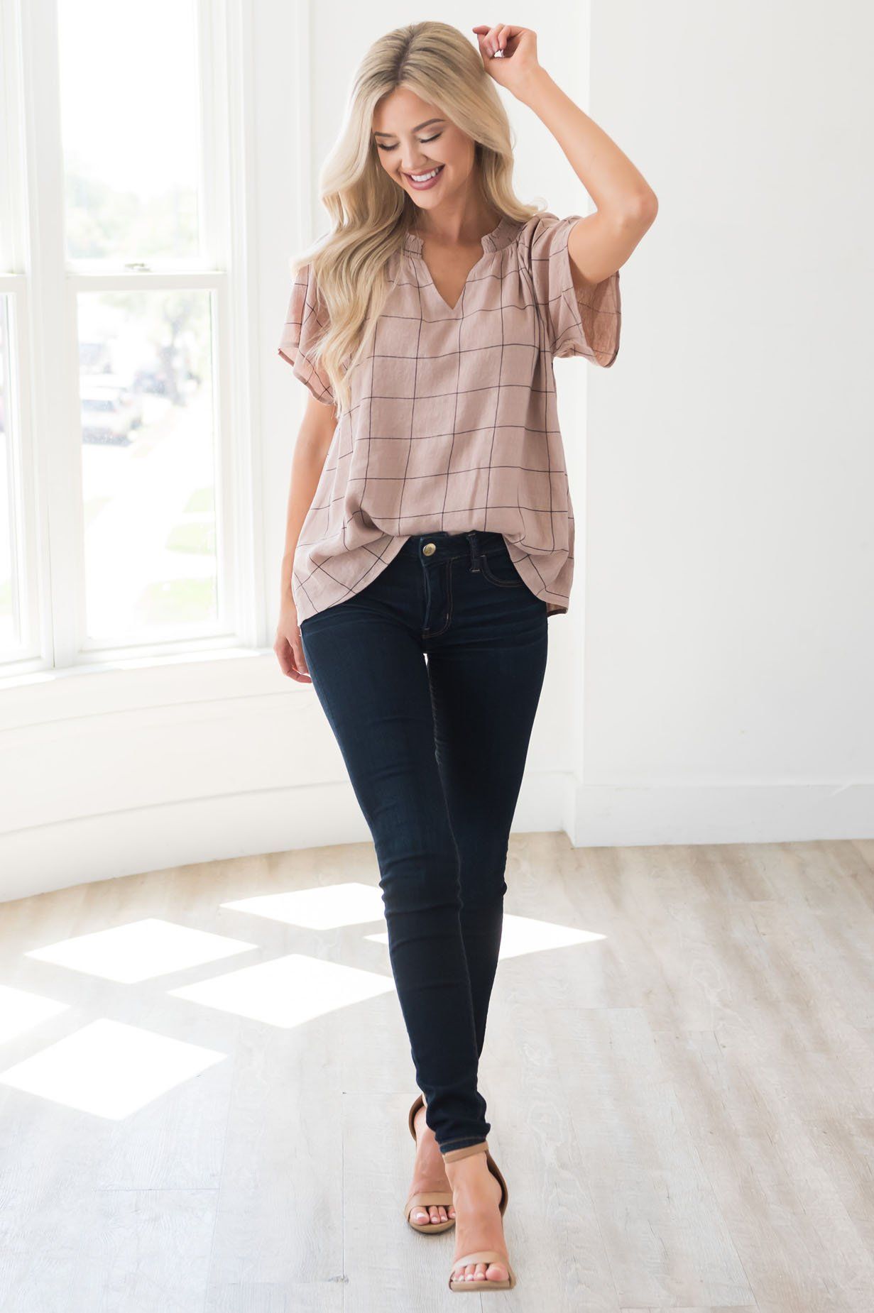 Nine to Five Modest Windowpane Blouse Tops vendor-unknown 