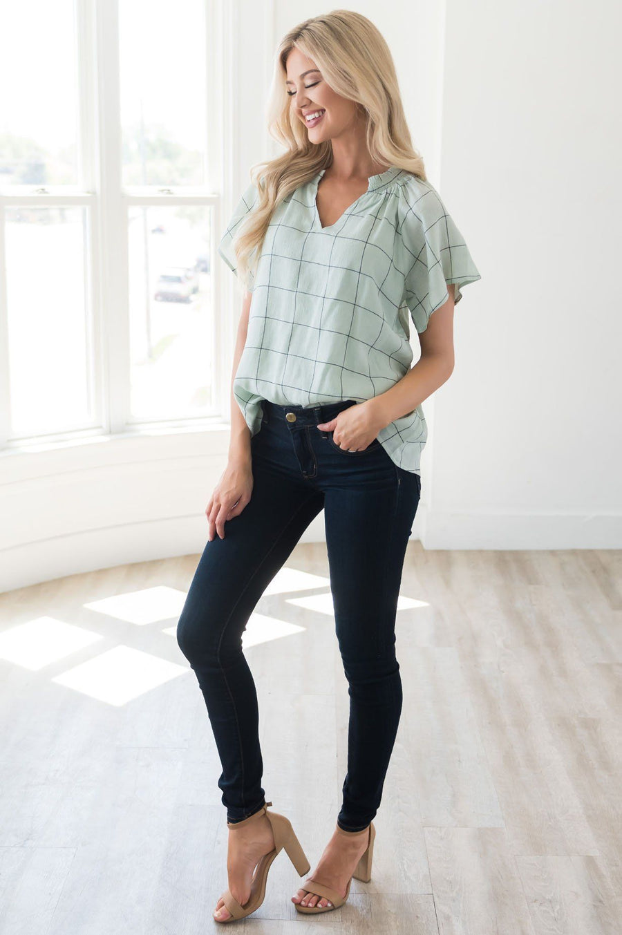 Nine to Five Modest Windowpane Blouse Tops vendor-unknown 