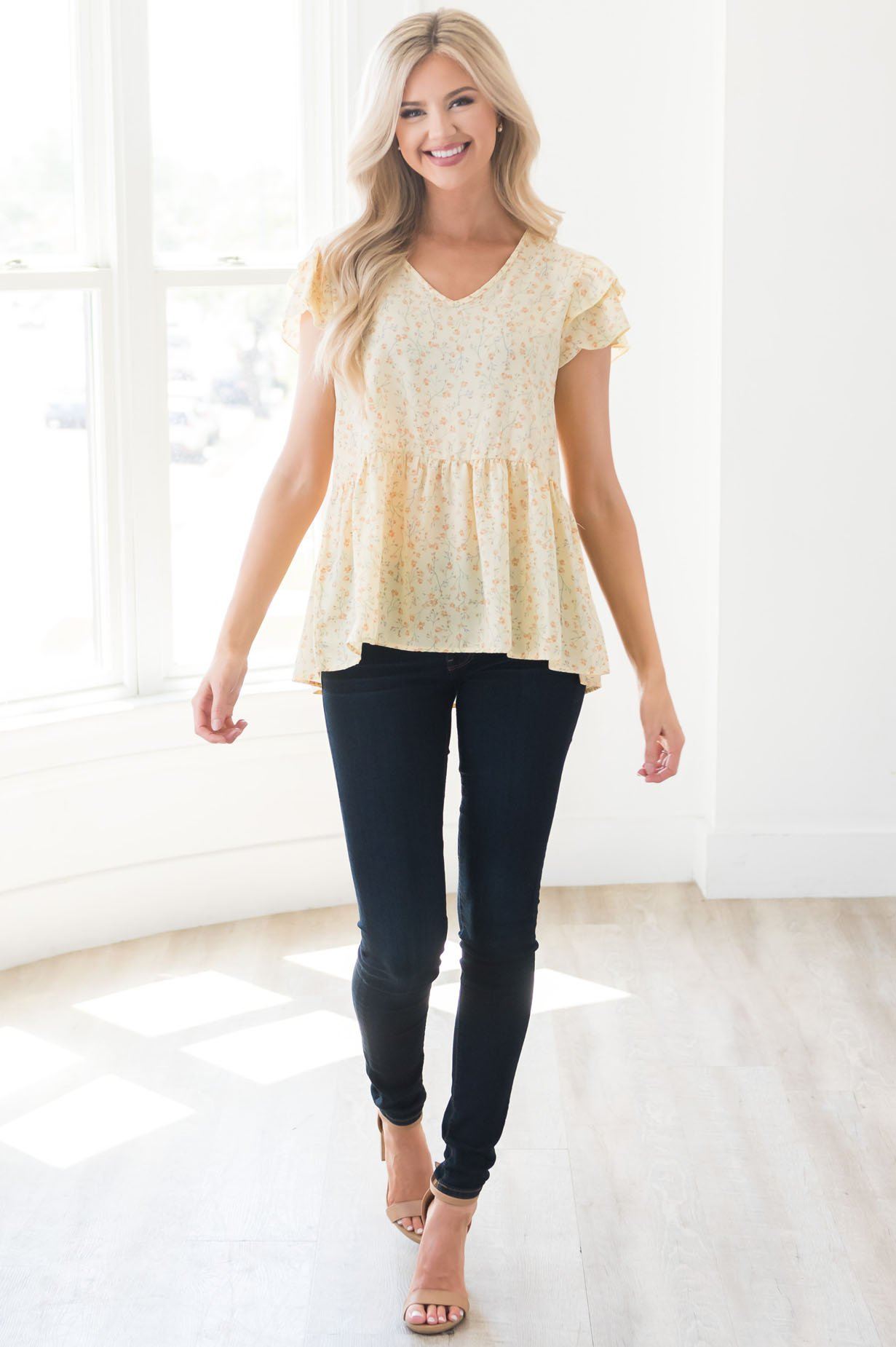 Blooming Gardens Floral Modest Blouse Tops vendor-unknown 