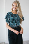 Floral Geo Print Ruffle Sleeve Blouse Tops vendor-unknown XS Black Teal & White Floral Geo Print