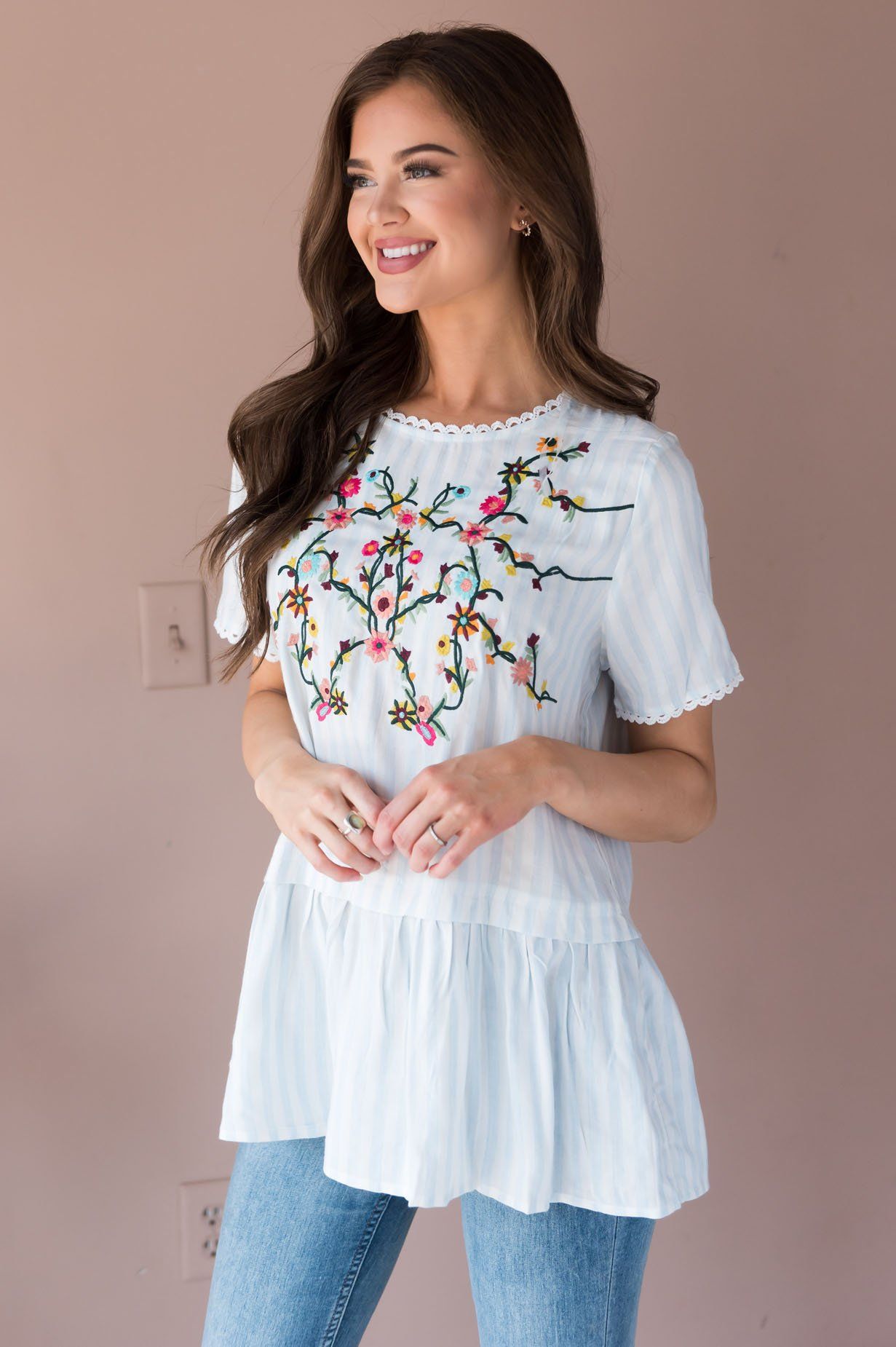 Stylish Stripes Modest Embroidered Blouse Modest Dresses vendor-unknown 