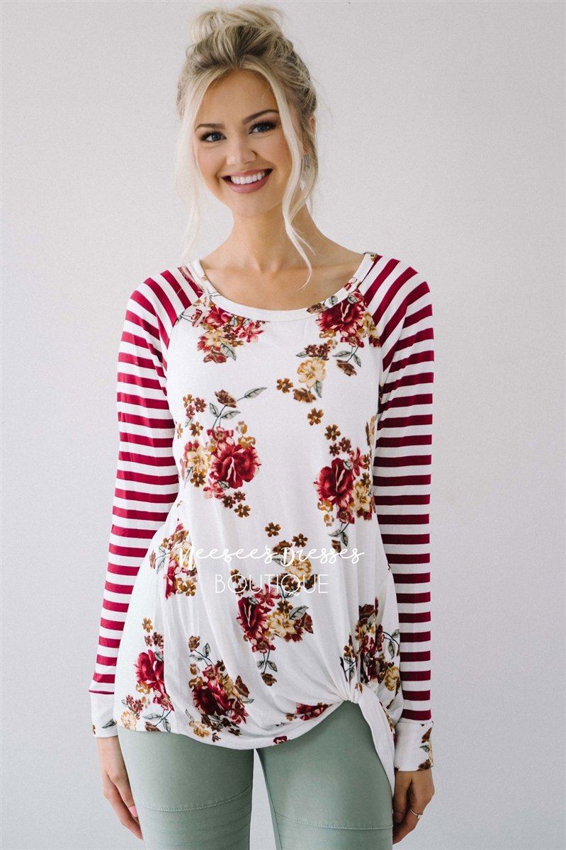 Stripes & Floral Twist Top Tops vendor-unknown Burgundy S 