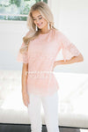 Lace Scalloped Bell Sleeve Top Tops vendor-unknown Blush Pink S