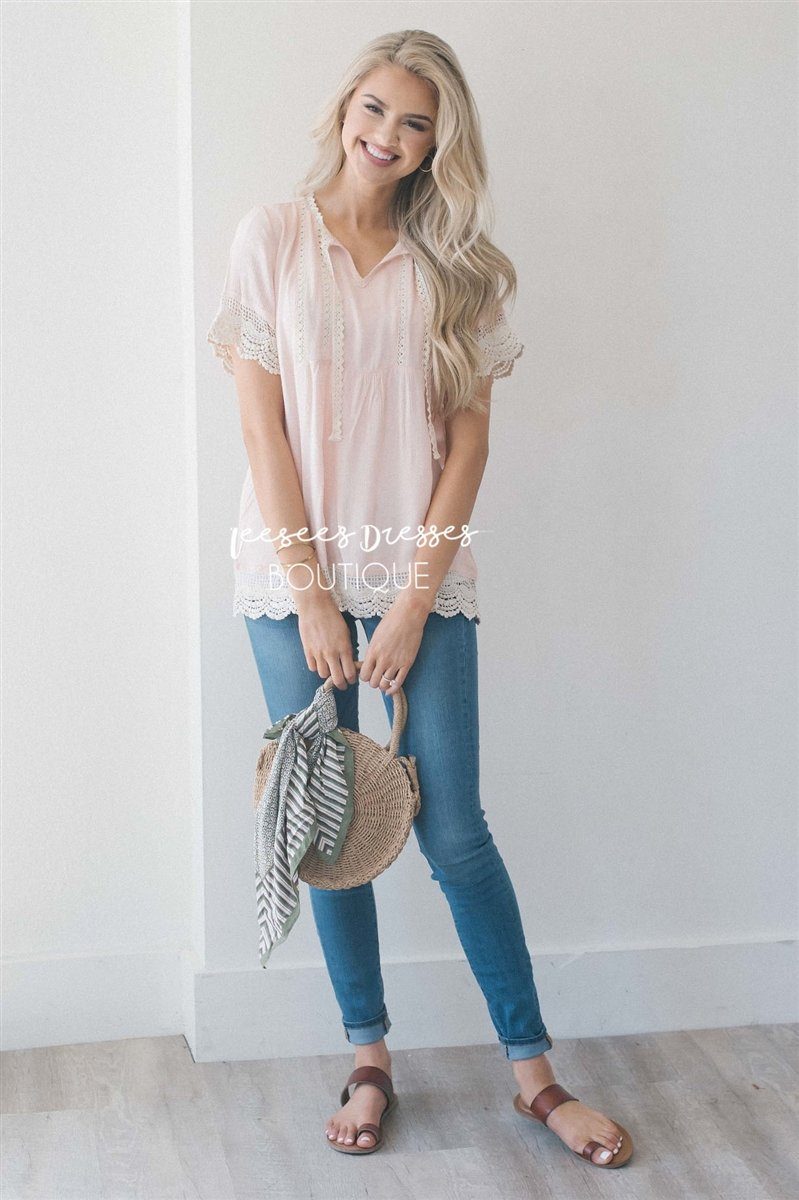 Baby Doll Lace Scallop Hem Blouse Tops vendor-unknown S Light Pink 