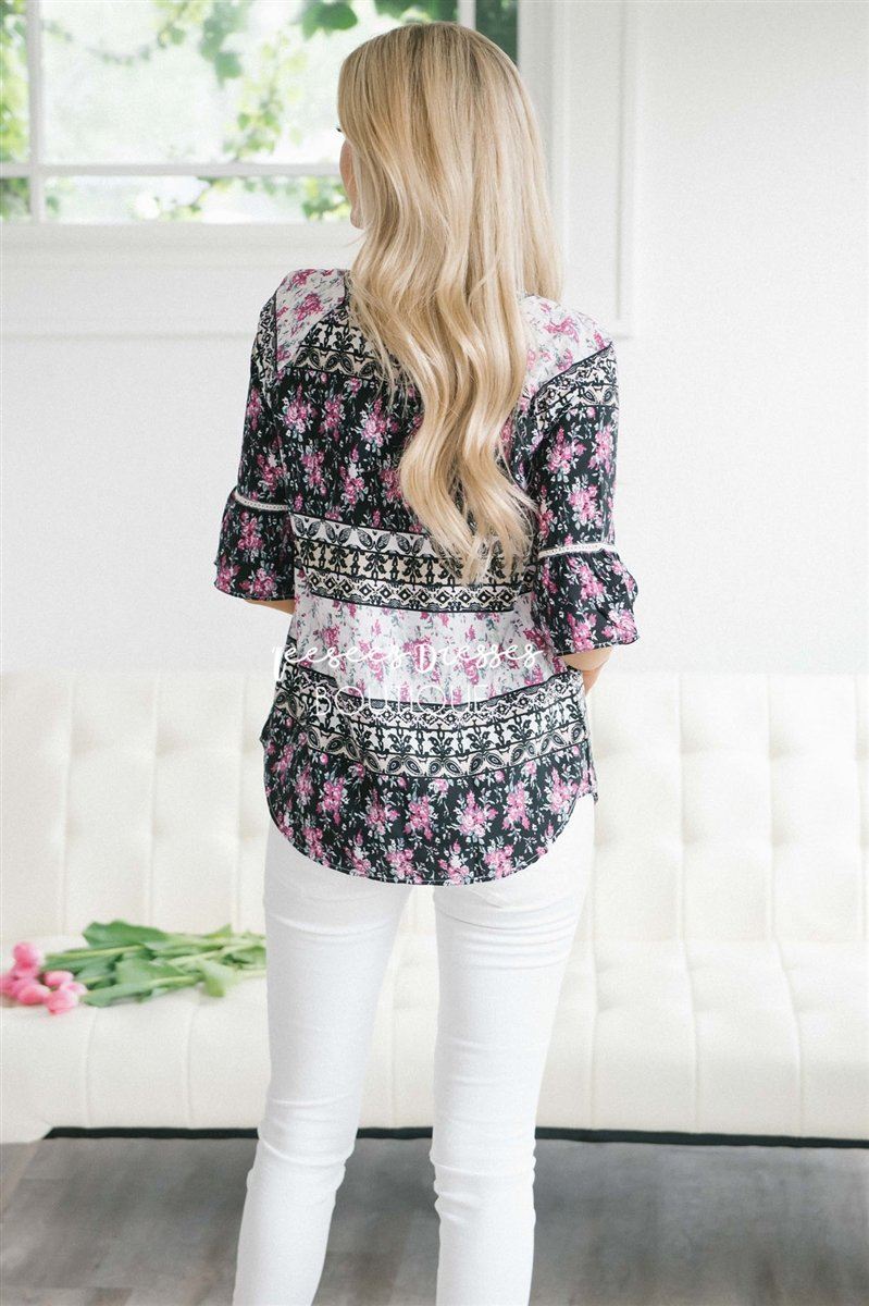 Lace Trim Bell Sleeve Chiffon Top Tops vendor-unknown 