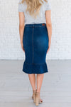 Dark Wash Denim Ruffle Hem Pencil Skirt Skirts vendor-unknown